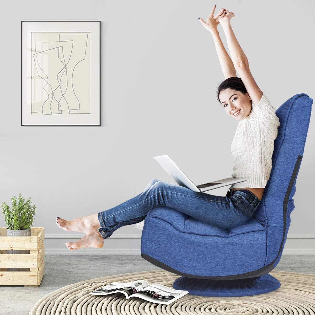Giantex 360 Degree Swivel Gaming Chair, 6 Position Adjustable Folding Floor Chair, 300lb Spring Support, Comfortable Padded Backrest, Lazy Sofa Chair Game Rocker for Teens Adults (Navy Blue)