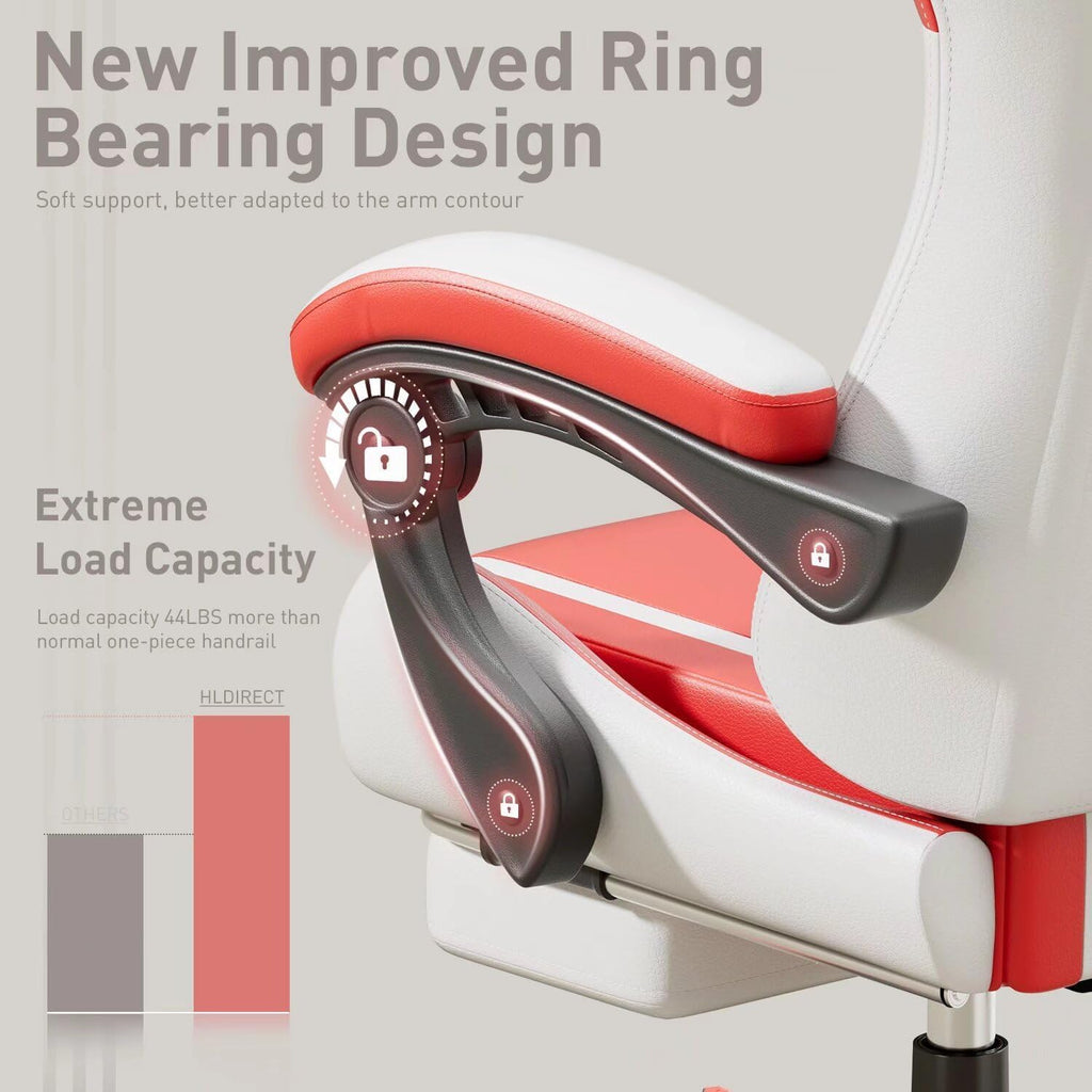 HLDIRECT Gaming Chair, Ergonomic Video Game Seat with 360° Swivel & Lumbar Massage, Computer Chair PU Leather Cushion for Adults Home/Office Use (White & Red)