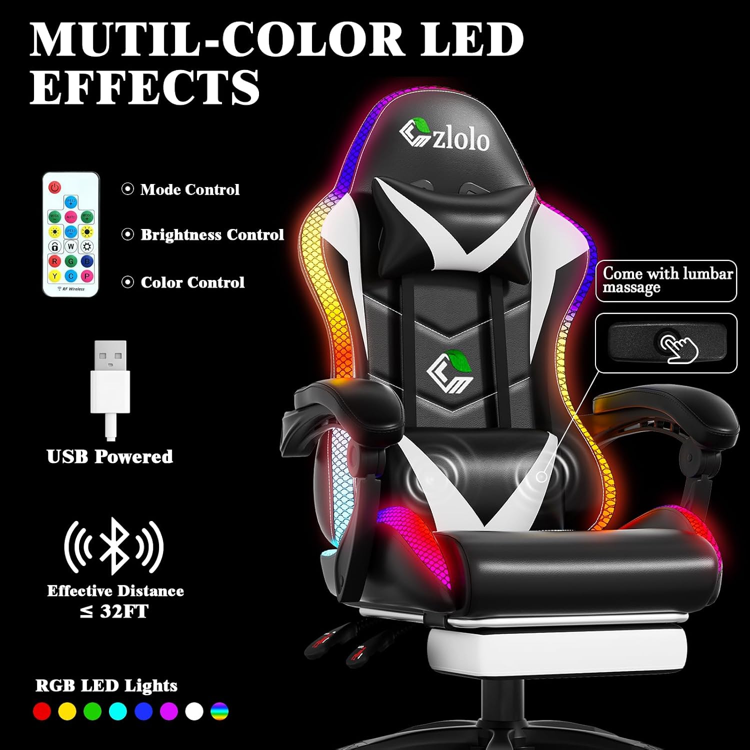 Czlolo Gaming Chair, RGB LED Lights Computer Chair with Footrest, Lumbar Support Massager Gamer Chair, High Back, 90-135° Reclining, Linkage Armrests, White