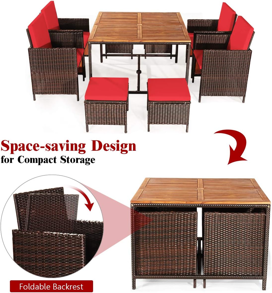 Tangkula 9 Pieces Acacia Wood Patio Dining Set, Space Saving Wicker Chairs and Wood Table with Umbrella Hole Outdoor Furniture Set, Suitable for Garden, Yard, Poolside, Outdoor Seating Set