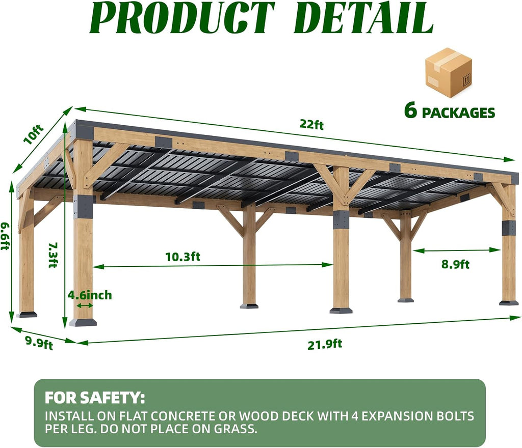 10x22 ft Cedar Wood Gazebo with Hardtop Slope Roof, Large Outdoor Grill Canopy with Galvanized Steel Roof, Heavy Duty Pavilion for Garden, Patio, Backyard