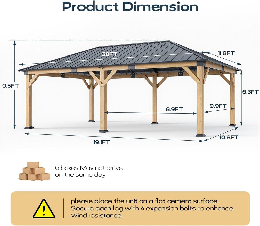 12x20 ft Cedar Wood Gazebo, Hardtop Gazebo with Galvanized Steel Double Roof, Heavy Duty Pavilion for Patio Lawn and Garden