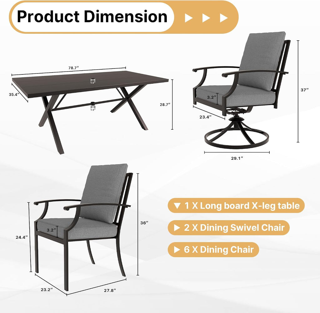 Gotland 9 Piece Outdoor Dining Set, Metal Outdoor Table and Swivel Chairs with X-Shaped Legs 1.5' Umbrella Hole, Patio Furniture Set with Waterproof Cushions, Patio Dining Sets for Backyard Deck Gray