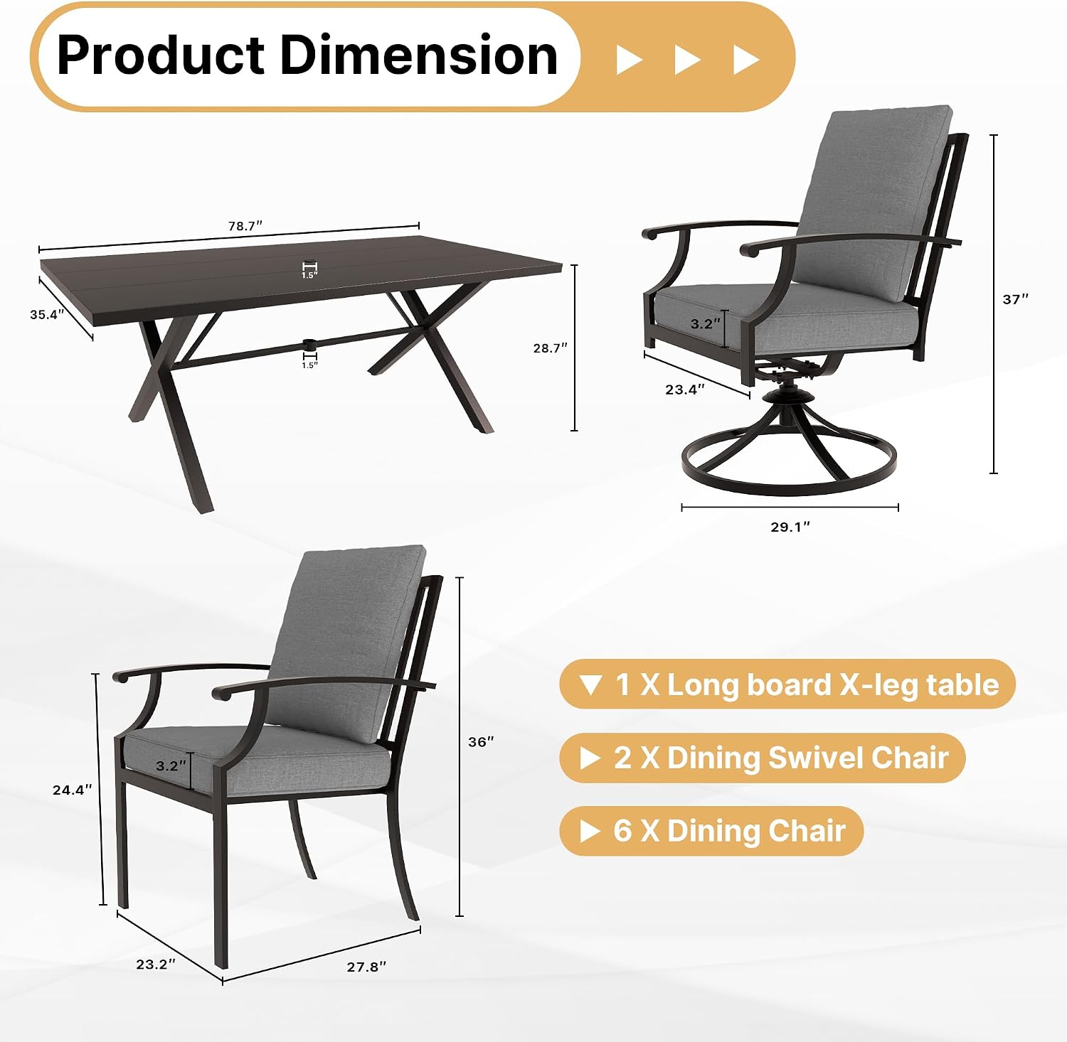 Gotland 9 Piece Outdoor Dining Set, Metal Outdoor Table and Swivel Chairs with X-Shaped Legs 1.5' Umbrella Hole, Patio Furniture Set with Waterproof Cushions, Patio Dining Sets for Backyard Deck Gray