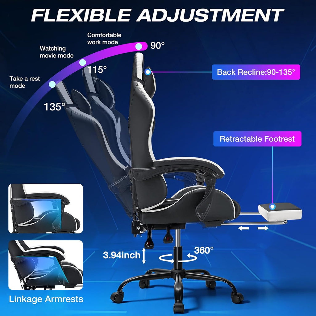 RGB Gaming Chair with Massage and LED Lights Ergonomic Computer Chair with Footrest Reclining High Back Video Game Chair for Adults with Adjustable Lumbar Support White and Black