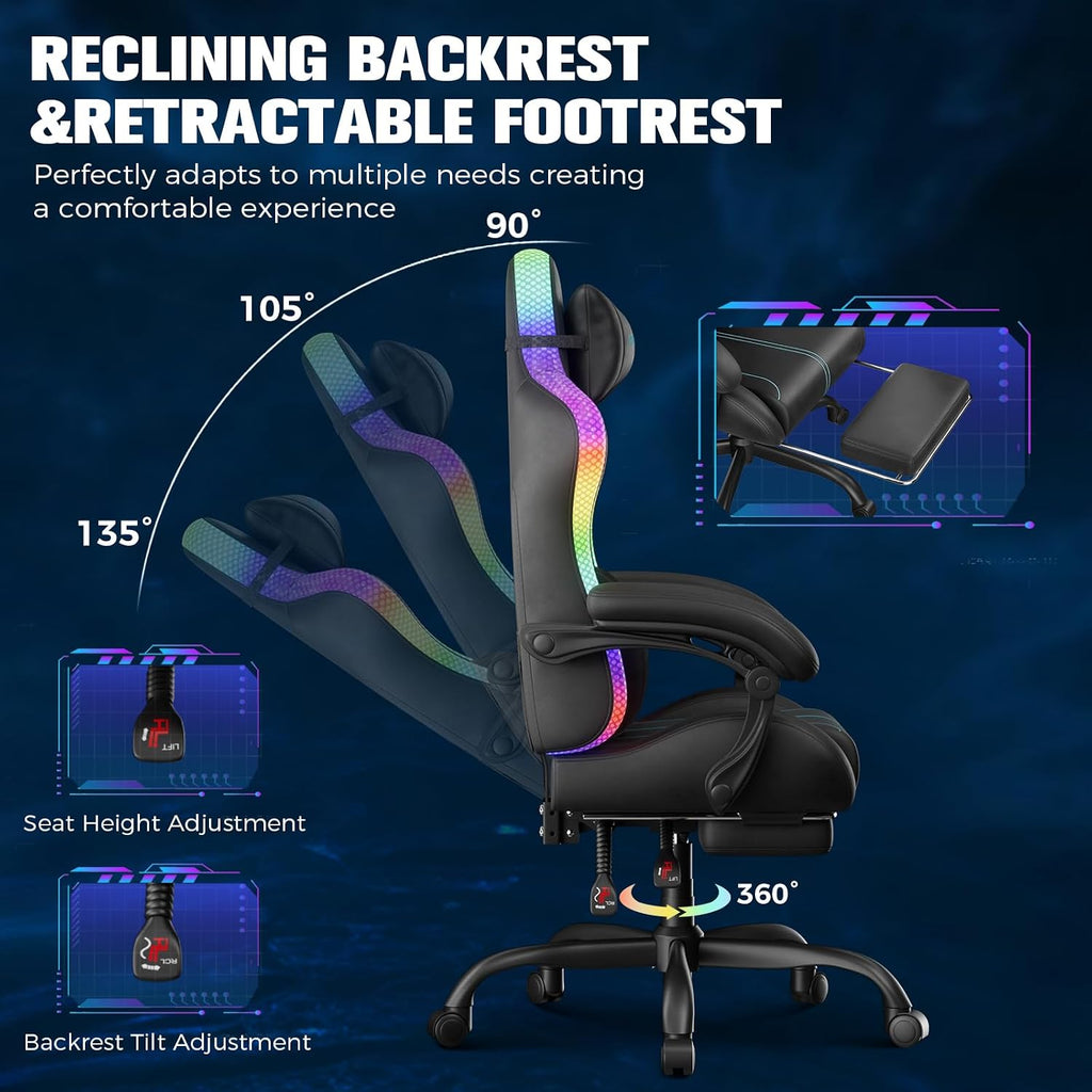 GTPLAYER Gaming Chair, Computer Chair with RGB LED Lights, High Back Ergonomic Chair for Adults with Footrest, Reclining Office Chairs, Linkage Armrest, Blue