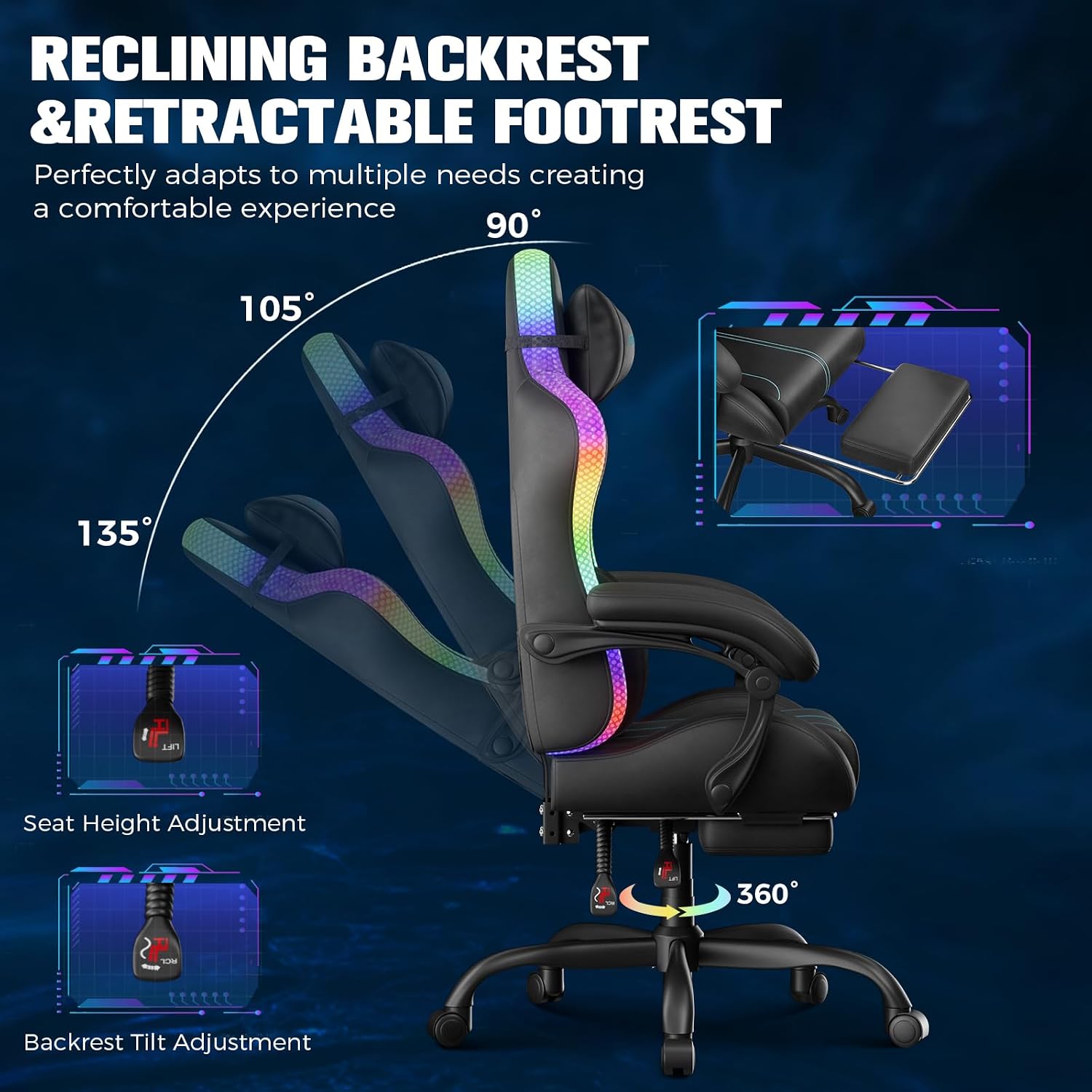 GTPLAYER Gaming Chair, Computer Chair with RGB LED Lights, High Back Ergonomic Chair for Adults with Footrest, Reclining Office Chairs, Linkage Armrest, Blue