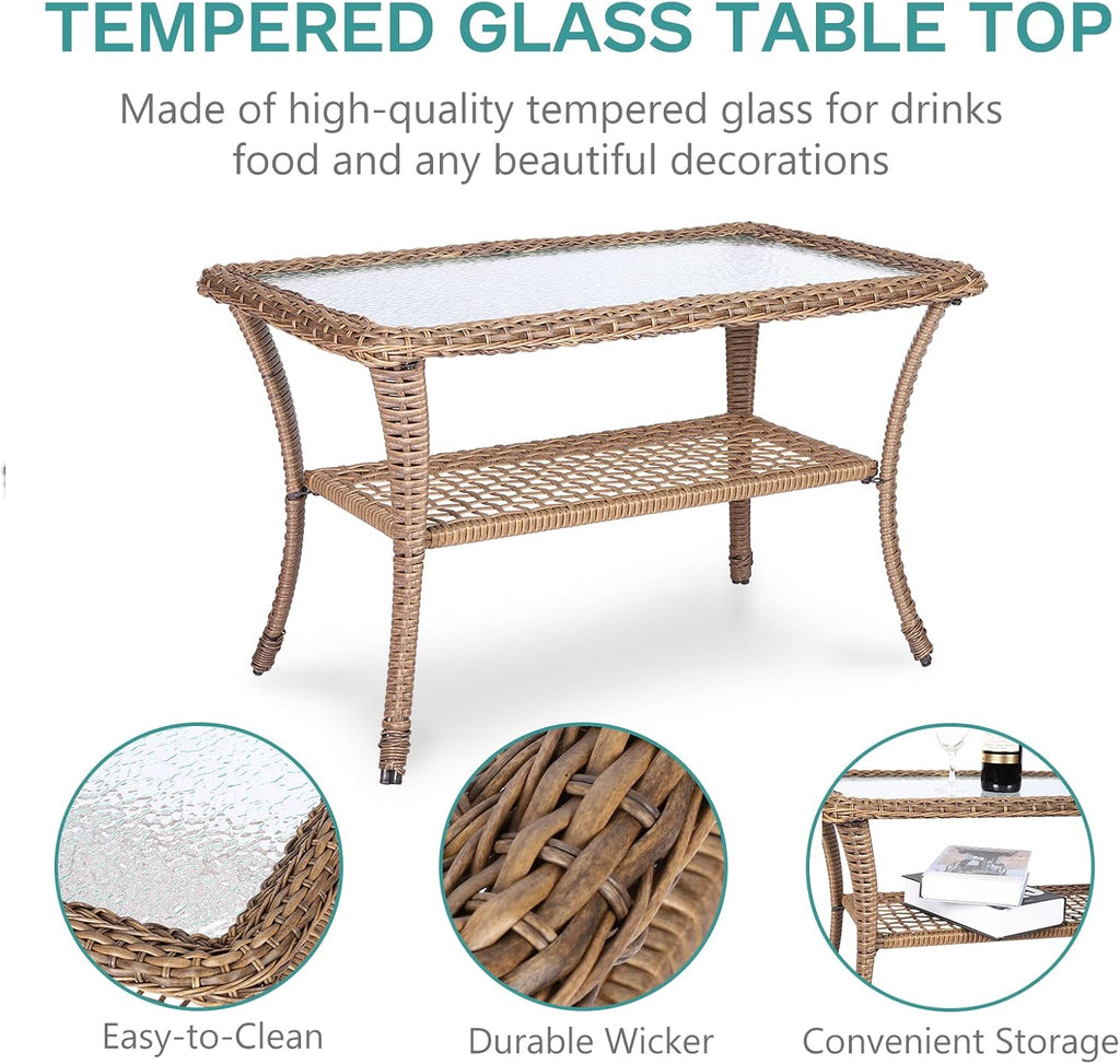MEETWARM 4 Pieces Outdoor Wicker Patio Conversation Sets with Glider Loveseat, 2 Chairs with Glass-Top Coffee Table Wicker Rocking Glider Set, Wicker Conversation Set with Thickened Cushions