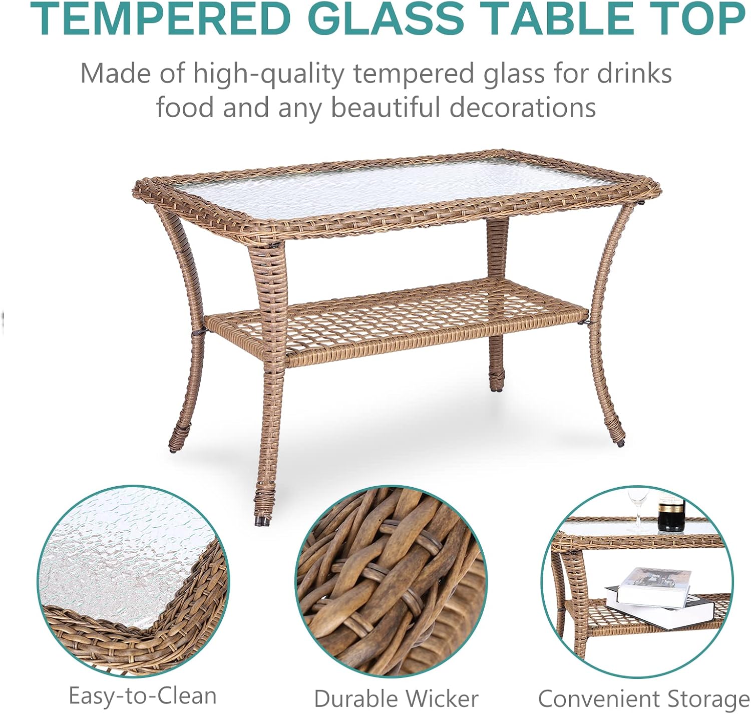 MEETWARM 4 Pieces Outdoor Wicker Patio Conversation Sets with Glider Loveseat, 2 Chairs with Glass-Top Coffee Table Wicker Rocking Glider Set, Wicker Conversation Set with Thickened Cushions