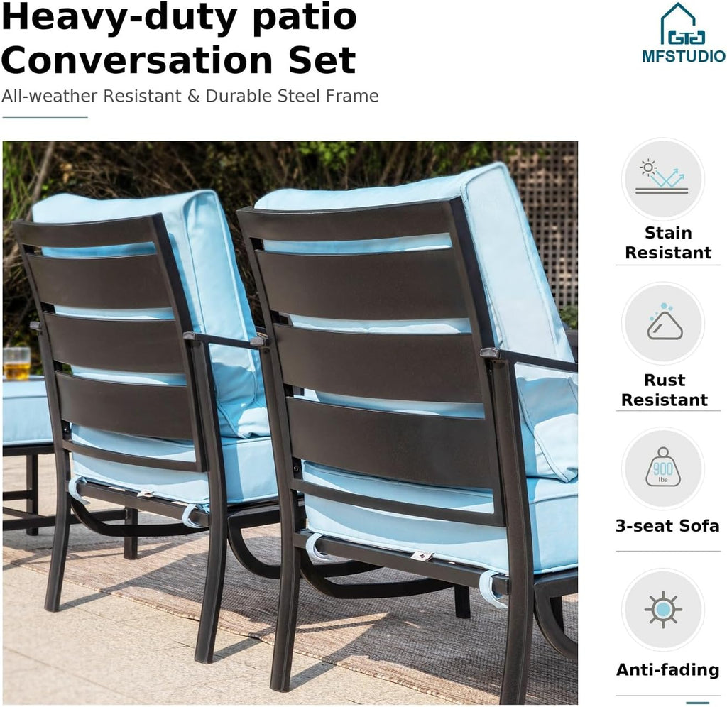 MFSTUDIO 4 Pieces Patio Conversation Sets, All Weather Metal Frame Outdoor Furniture Set Patio Sofas with 1 x 45 Rectangular Propane Fire Table, 1 x 3-Seat Sofa, 2 x Rocking Chairs, Blue Cushion