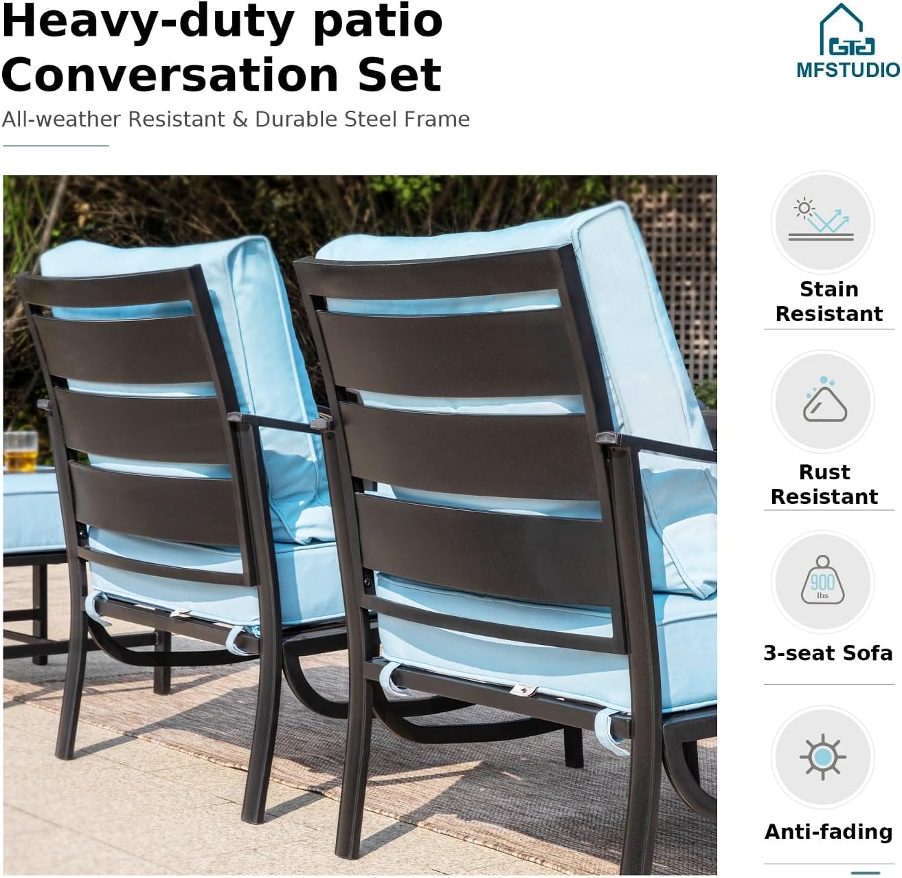 MFSTUDIO 4 Pieces Patio Conversation Sets, All Weather Metal Frame Outdoor Furniture Set Patio Sofas with 1 x 45 Rectangular Propane Fire Table, 1 x 3-Seat Sofa, 2 x Swivel Chairs, Blue Cushion