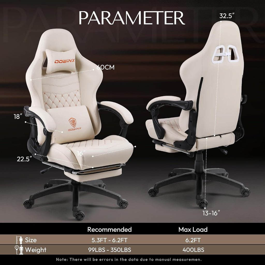 Dowinx Big & Tall Vintage Gaming Chair for Adults, 400 lb Capacity Heavy Duty Ergonomic Computer Chair with Massage Lumbar, Footrest & Easy Side Recline, Ivory