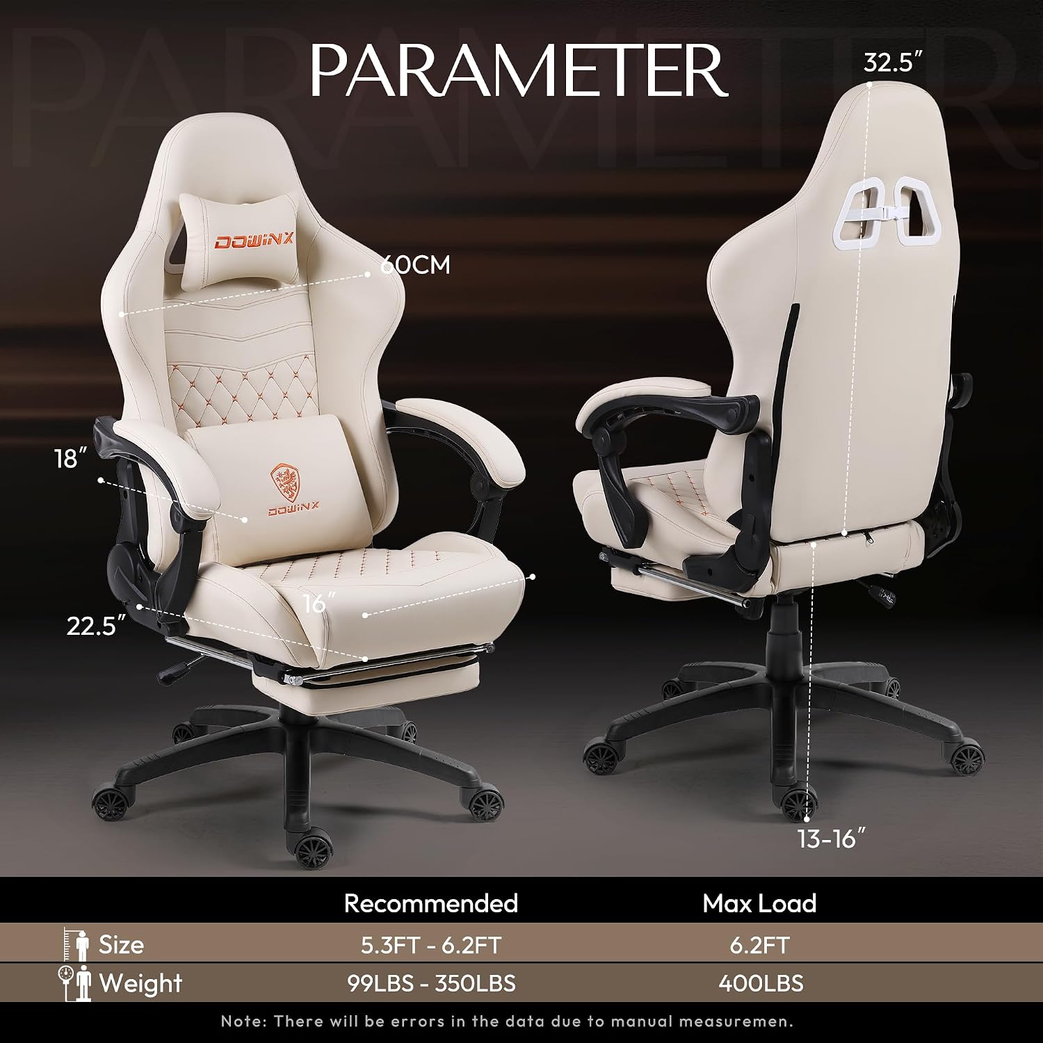 Dowinx Big & Tall Vintage Gaming Chair for Adults, 400 lb Capacity Heavy Duty Ergonomic Computer Chair with Massage Lumbar, Footrest & Easy Side Recline, Ivory