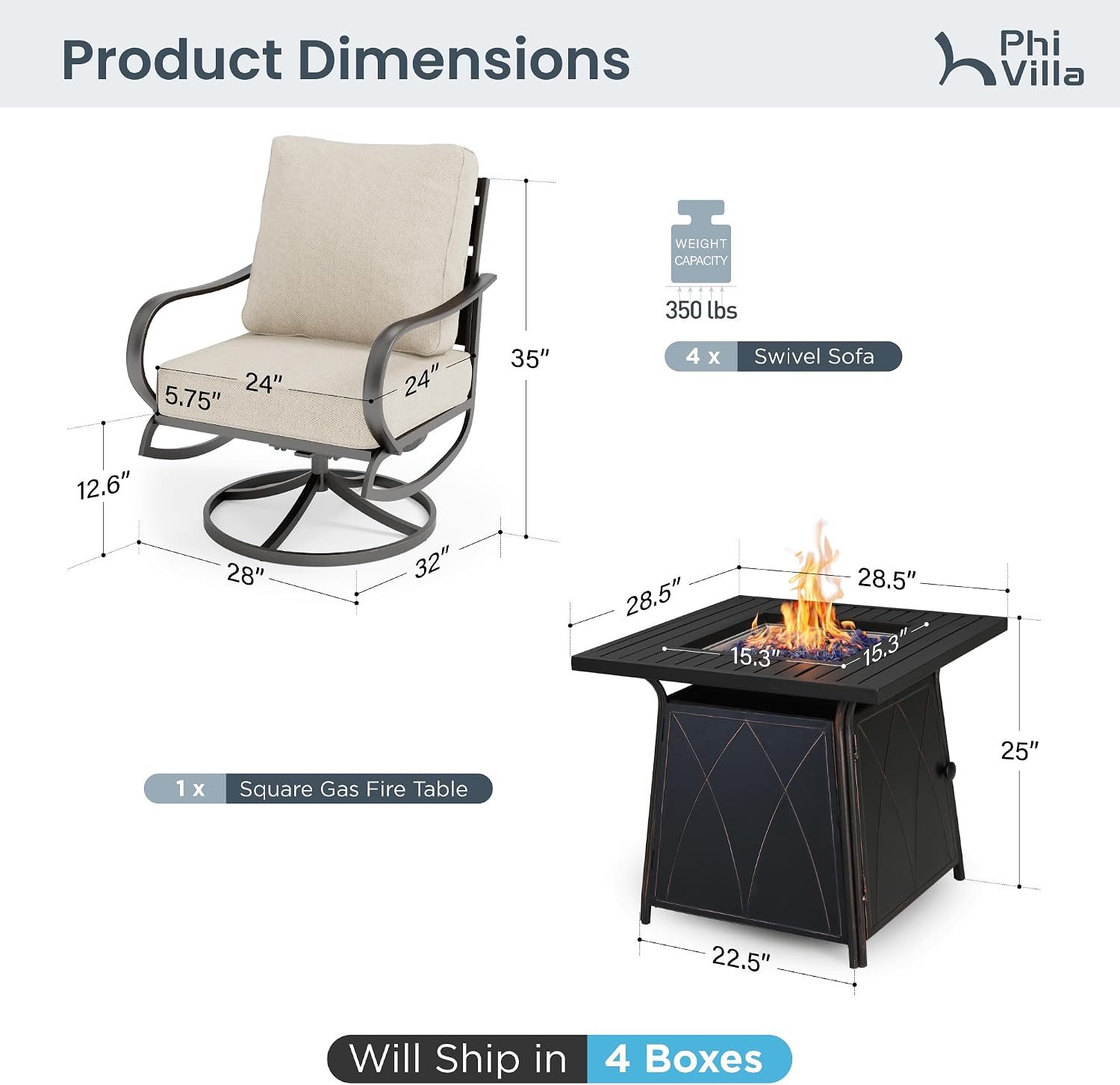 PHI VILLA 5 Piece Patio Furniture Set with 28' Firepit Table, 4 Outdoor 5.75' Cushioned Metal Frame Swivel Sofa Chairs & 28' Gas Firepit Table, Outside Furniture Set for Lawn Garden(Beige)