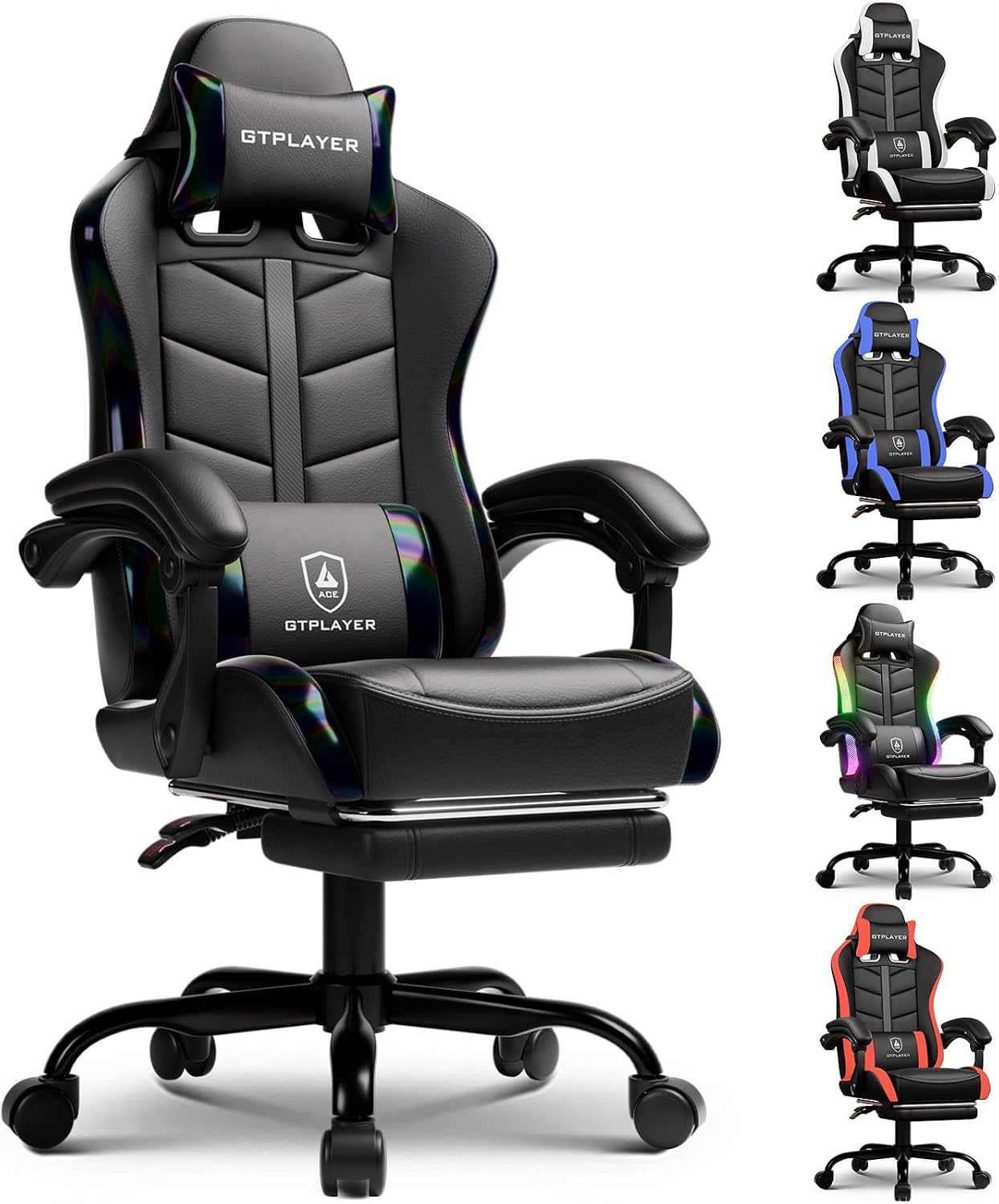 GTPLAYER Gaming Chair with Footrest, Computer Gaming Chair for Adults and Kids, Height Adjustable Gamer Chair with 90-155° Recline & Removable Headrest Lumbar Support,Colorful Black