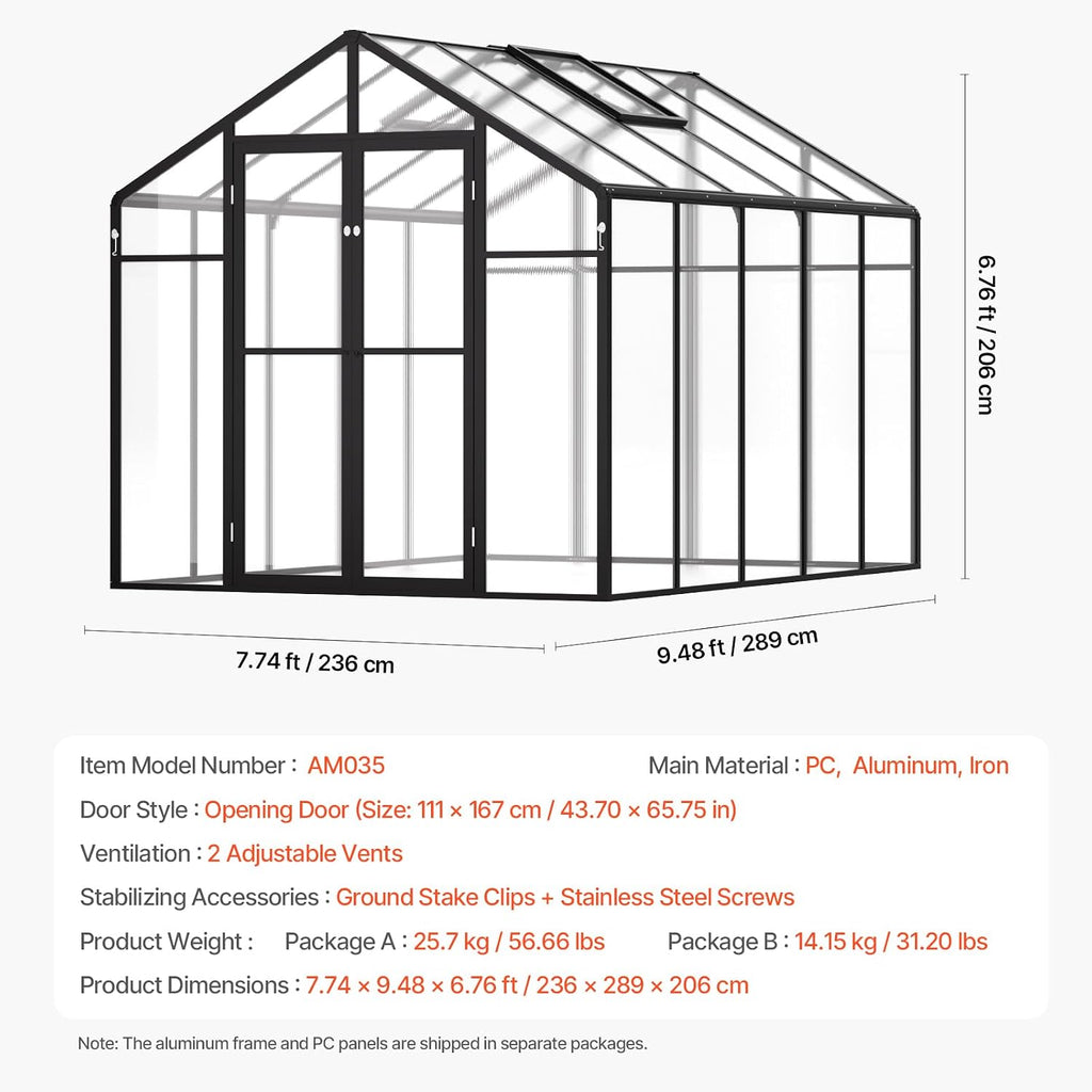 Happybuy Polycarbonate Greenhouse, 8 x 10 Ft, with 2 Vent Windows, Pavilion Styled Green House with Hinged Door, Aluminum Large Walk-in Green House Kit for Outside Garden Backyard