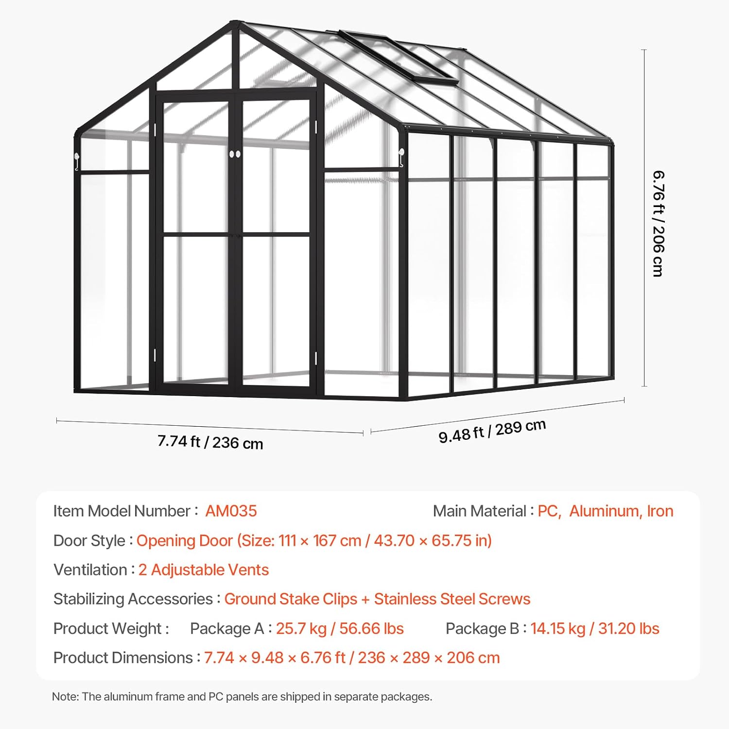 Happybuy Polycarbonate Greenhouse, 8 x 10 Ft, with 2 Vent Windows, Pavilion Styled Green House with Hinged Door, Aluminum Large Walk-in Green House Kit for Outside Garden Backyard