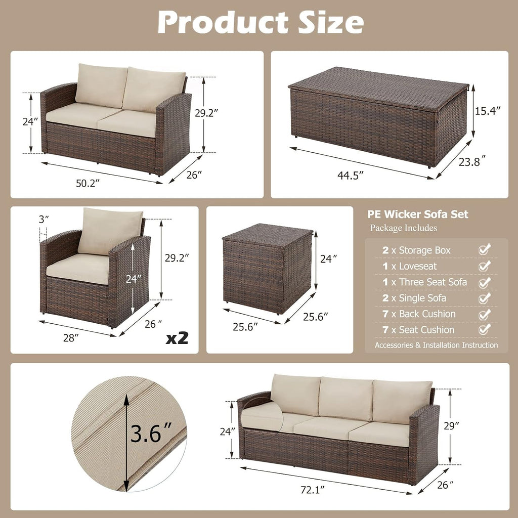 AECOJOY 7 PCS Patio Furniture Set with Two Storage Boxes&Patio Set Cover, Outdoor Rattan Conversation Set, PE Wicker Sectional Sofa Outdoor Furniture, Brown Rattan&Beige Cushions