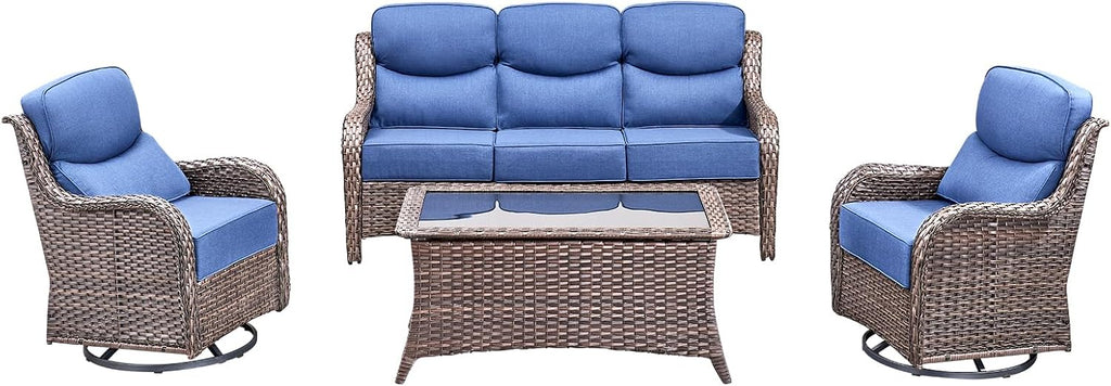 Luxury High Back Outdoor Furniture with 6-Inch Thick Cushions, Patio Furniture Set with Swivel Chairs, 4 PCS Wicker Conversation Set for Porch, Balcony, Deck and Yard