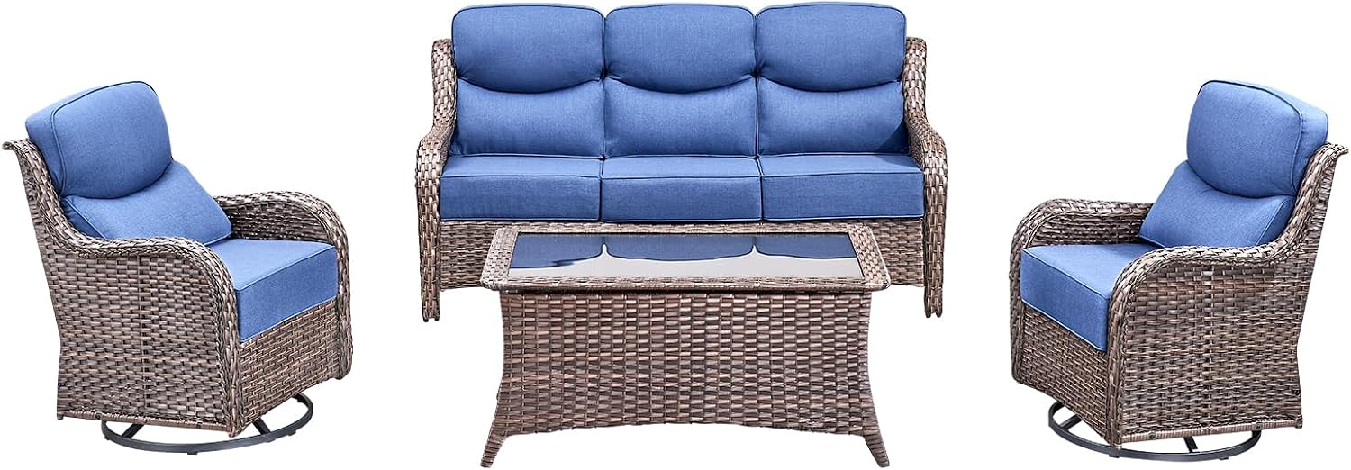 Luxury High Back Outdoor Furniture with 6-Inch Thick Cushions, Patio Furniture Set with Swivel Chairs, 4 PCS Wicker Conversation Set for Porch, Balcony, Deck and Yard