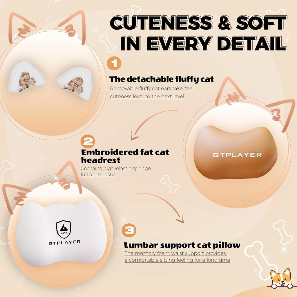 Gaming Chair Cute with Cat Ears Ergonomic Computer Chair with Dog Embroidery Adjustable Memory Foam Lumbar Support and Headrest Comfortable Reclining Office Chair for Girls, Teens, Women