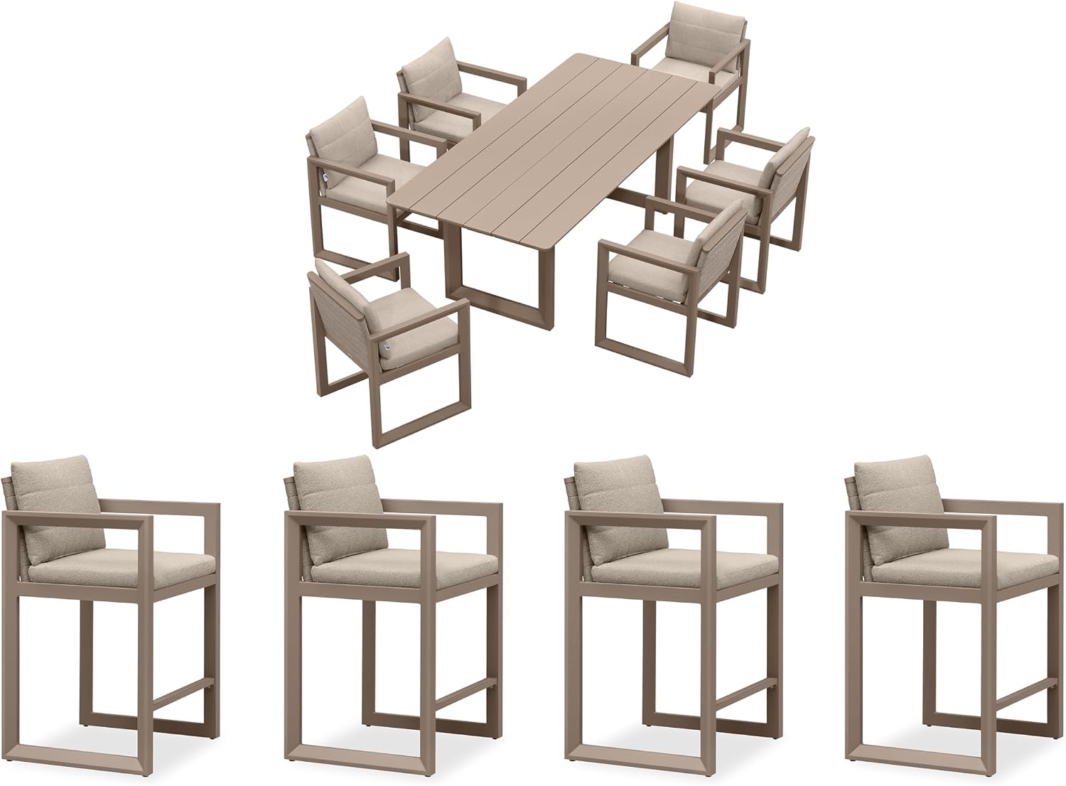 PURPLE LEAF Outdoor Dining Set for 6 Aluminum Luxury Patio Furniture Table and Chairs Set with 4 Pcs Outdoor Counter Height Stools for Backyard Porch Deck, Khaki