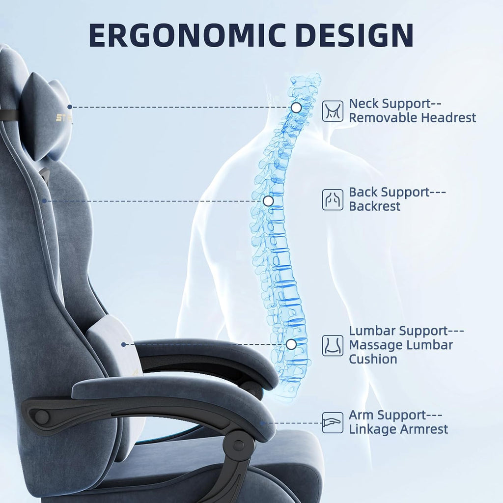 Ferghana Velvet Fabric Gaming Chair, High Back Ergonomic Gamer Chair for Adult, Comfortable Video Game Chair with Footrest and Massage Lumbar Cushion, Racing Reclining Office Computer Desk Chair Grey