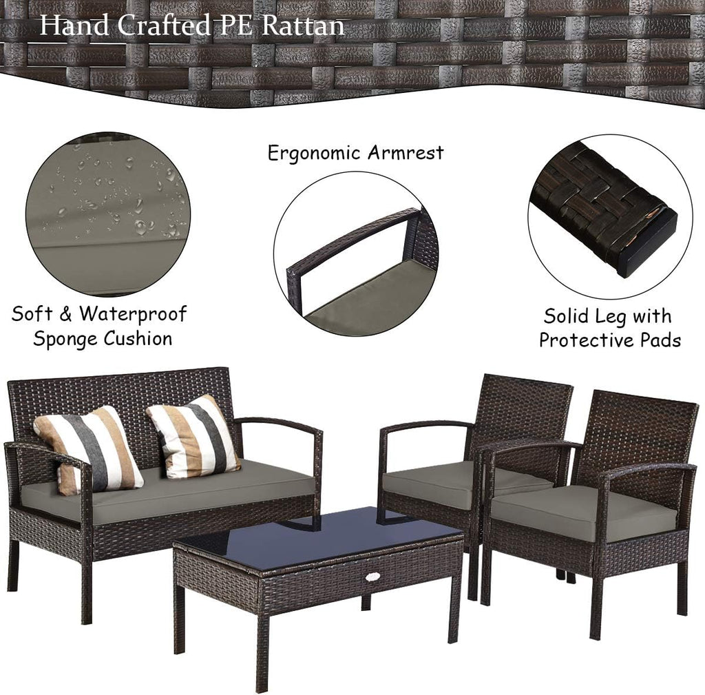 COSTWAY Outdoor Patio Furniture Set 4 Pieces, Wicker Conversation Set with Tempered Glass Topped Table, Seat Cushions, Rattan Chair Wicker Sofa for Backyard Balcony Porch Poolside
