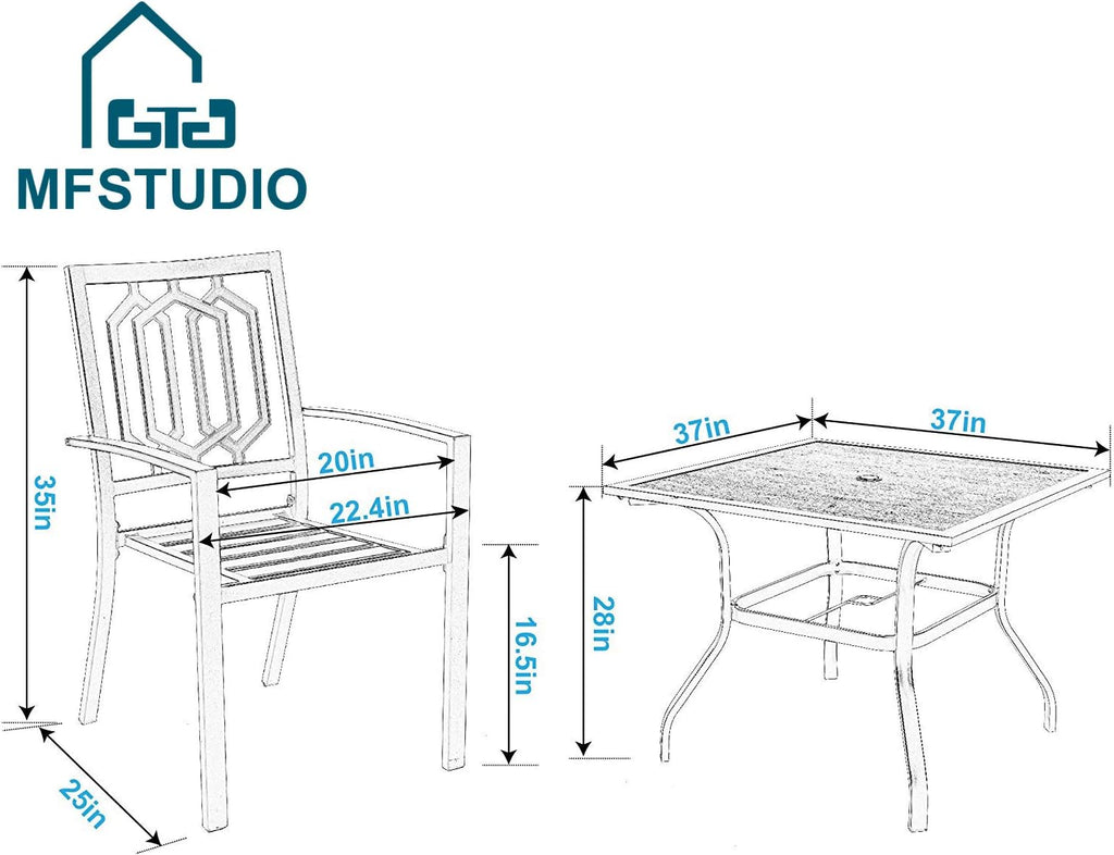 MFSTUDIO Outdoor Dining Set for 4, Patio Table and Chairs Set with Metal Frame, 5 Piece Patio Dining Set for Deck/Backyard/Poolside/Garden