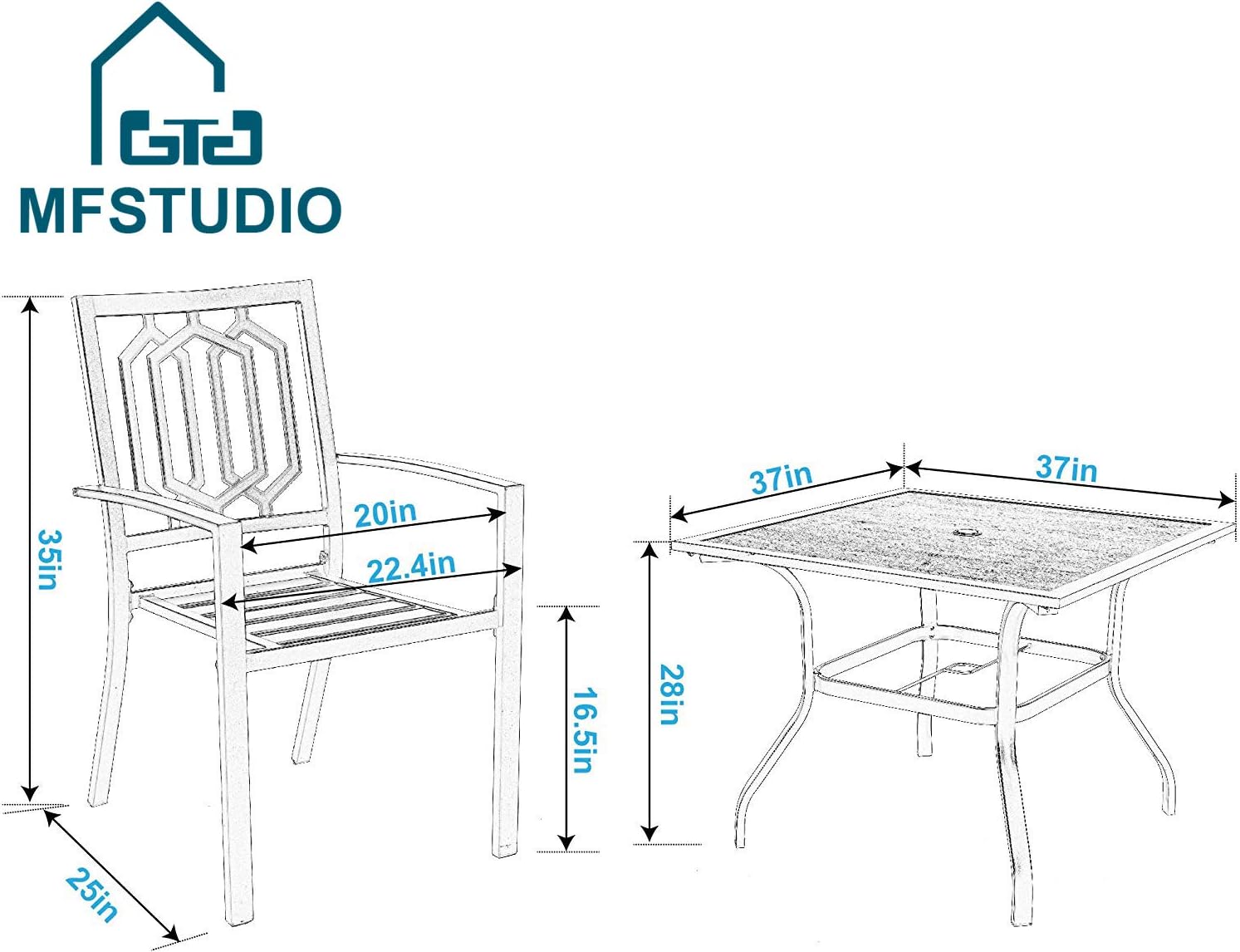 MFSTUDIO Outdoor Dining Set for 4, Patio Table and Chairs Set with Metal Frame, 5 Piece Patio Dining Set for Deck/Backyard/Poolside/Garden
