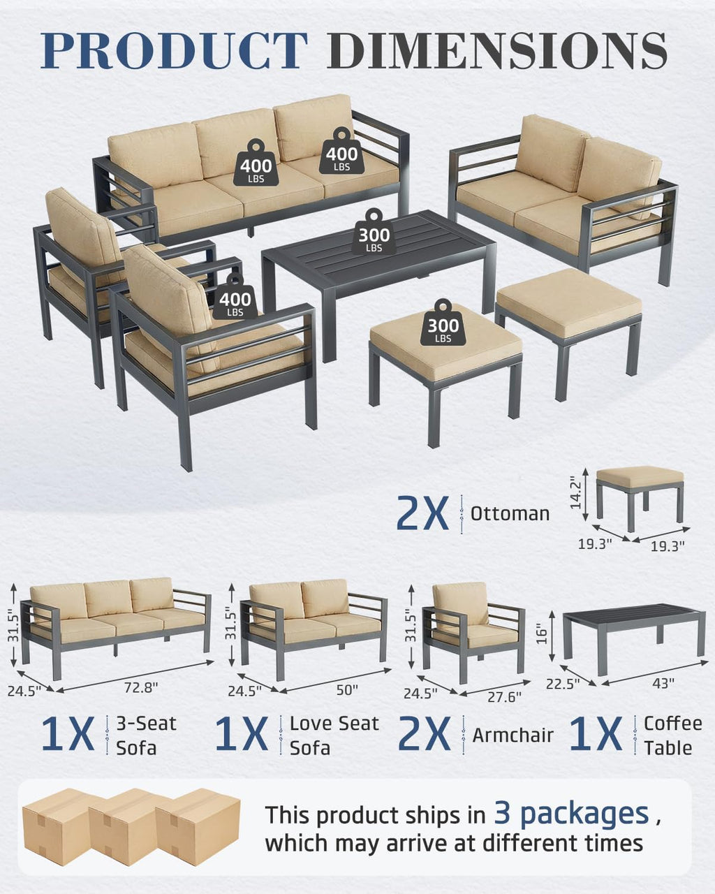 AECOJOY Aluminum Patio Furniture Loveseat, Modern Outdoor Furniture with Washable 5 inch Thick Cushion, Beige