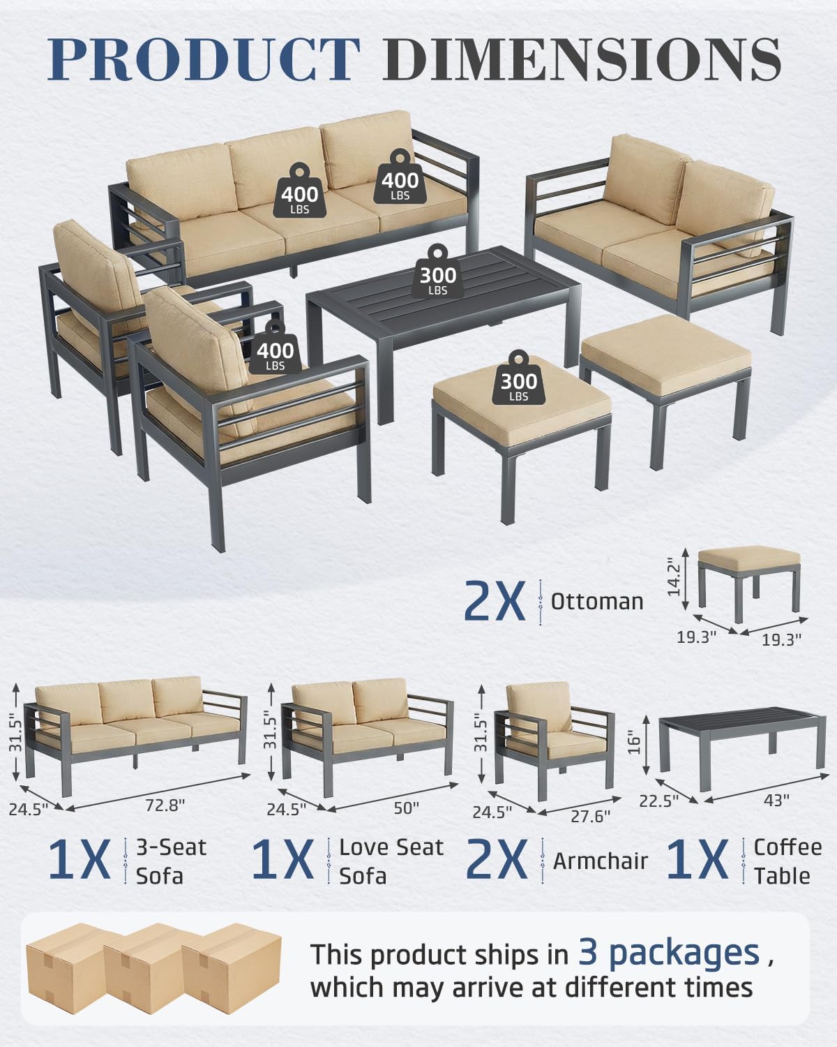 AECOJOY Aluminum Patio Furniture Set, 9 Seats Modern Outdoor Furniture with Coffee Table, 7 Pieces Metal Conversation Sectional Sofa, Beige
