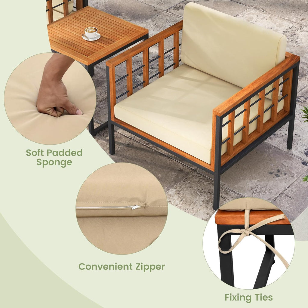Tangkula 5 Pieces Acacia Wood Patio Furniture Set with Ottomans, Outdoor Conversation Set with Soft Cushions and Coffee Table for Poolside, Garden, Balcony and Backyard (Beige)