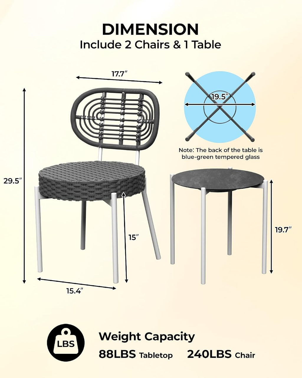 3 Piece Wicker Patio Bistro Furniture Set, Outdoor Dining Chairs, Includes 2 Rattan Chairs and Tempered Glass Table, for Garden, Backyard, Balcony, Apartment, White & Grey