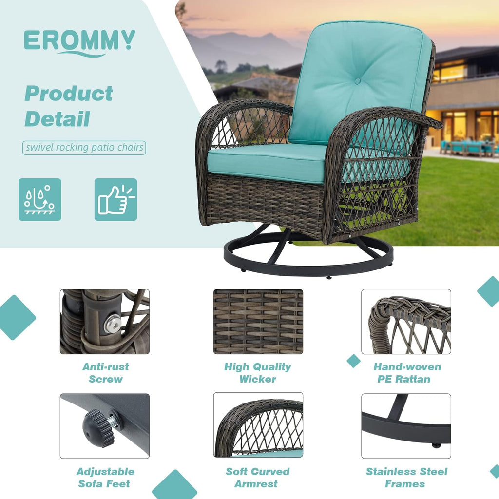 EROMMY 3 Pieces Outdoor Swivel Rocker Patio Chairs, 360 Degree Rocking Patio Conversation Set with Thickened Cushions and Glass Coffee Table for Backyard, Blue