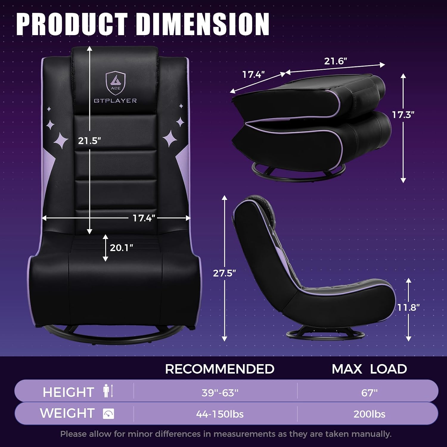 GTPLAYER Floor Gaming Chair Foldable Swivel Floor Chairs for Kids Boys Comfy Video Game Seat with 360° Multipurpose for Gamers, Bedroom or Game Room (Purple)