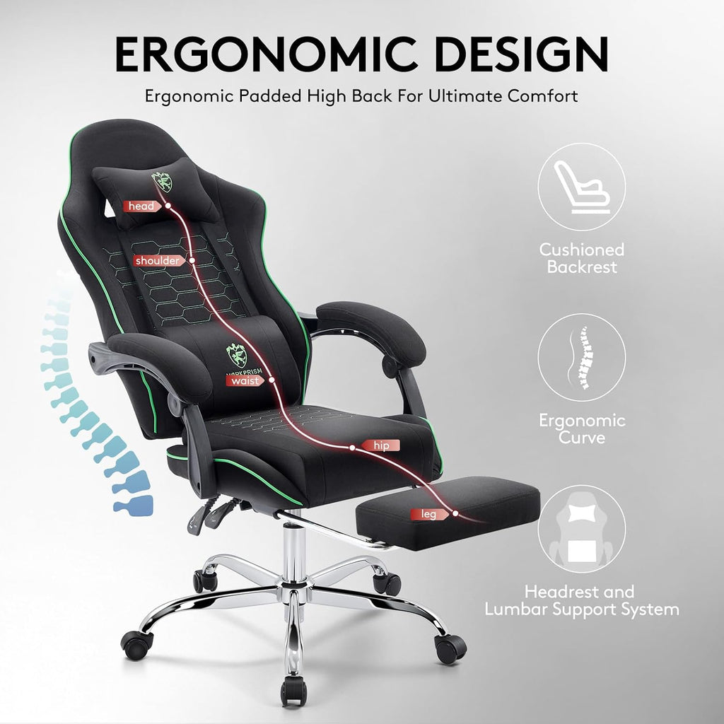Gaming Chair Breathable Fabric,Computer Office Chair with Footrest,Massage Lumbar Support and Gel Pad,Ergonomic Reclining Adjustable Gamer Chair with Headrest and Spring Cushion Black Green