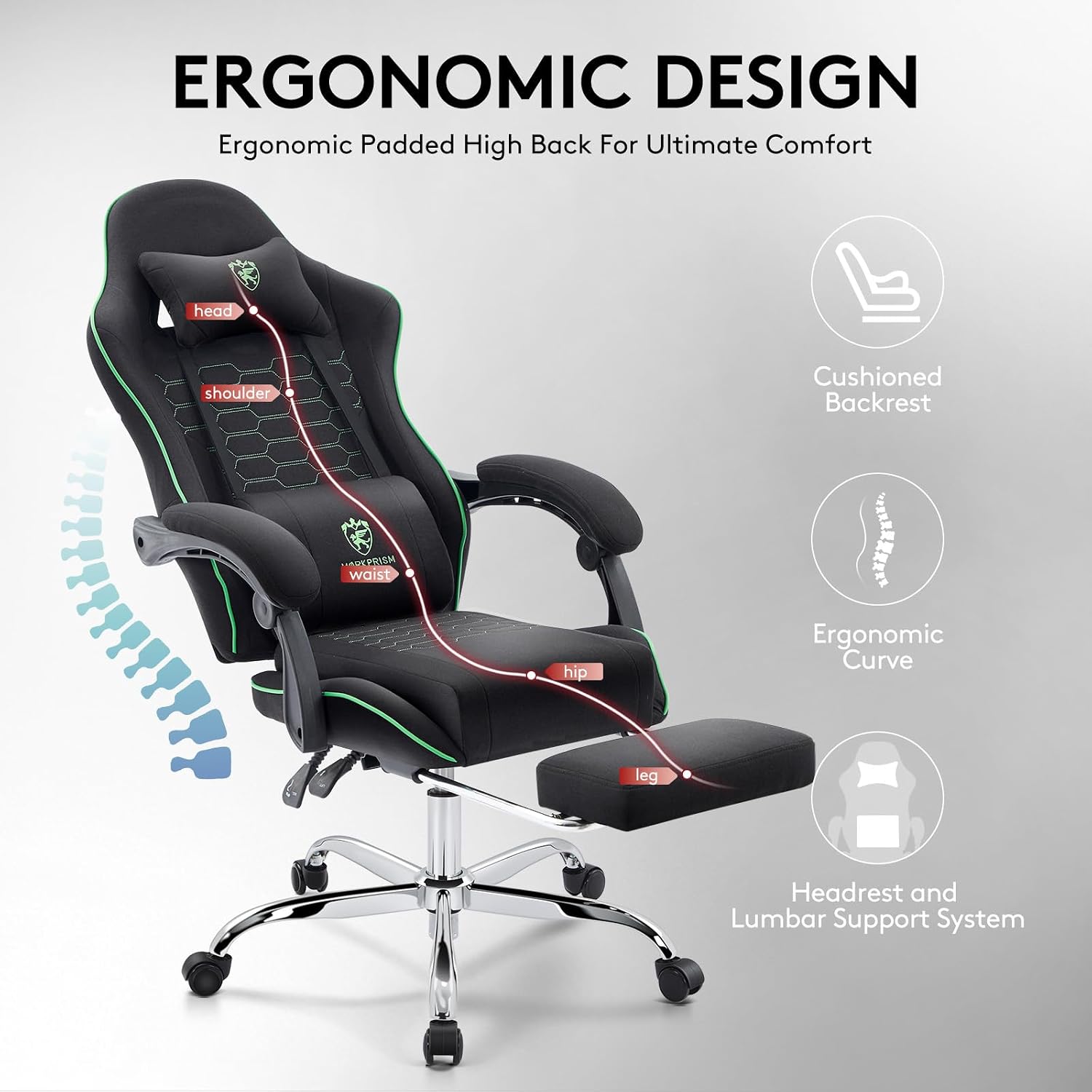 Gaming Chair Breathable Fabric,Computer Office Chair with Footrest,Massage Lumbar Support and Gel Pad,Ergonomic Reclining Adjustable Gamer Chair with Headrest and Spring Cushion Black Green