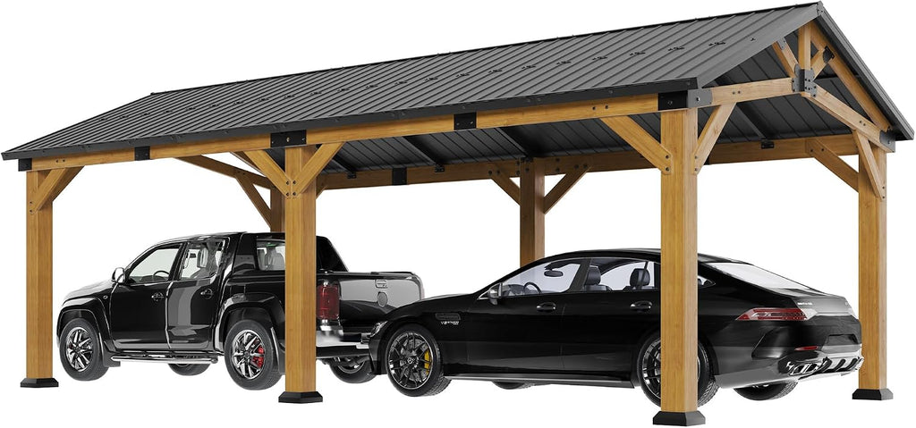 Jocisland 12x24x9.5 FT Cedar Wood Hardtop Carport with Galvanized Steel Roof, Waterproof Outdoor Gazebo Pavilion, Heavy-Duty Snow & Wind Resistant Canopy for Patio, Driveway, Garden