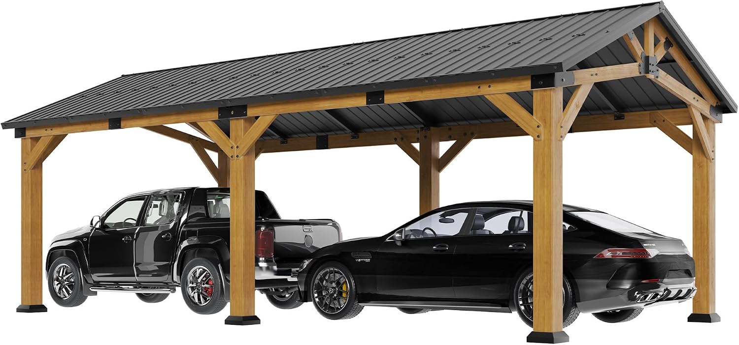 Jocisland 12x24x9.5 FT Cedar Wood Hardtop Carport with Galvanized Steel Roof, Waterproof Outdoor Gazebo Pavilion, Heavy-Duty Snow & Wind Resistant Canopy for Patio, Driveway, Garden