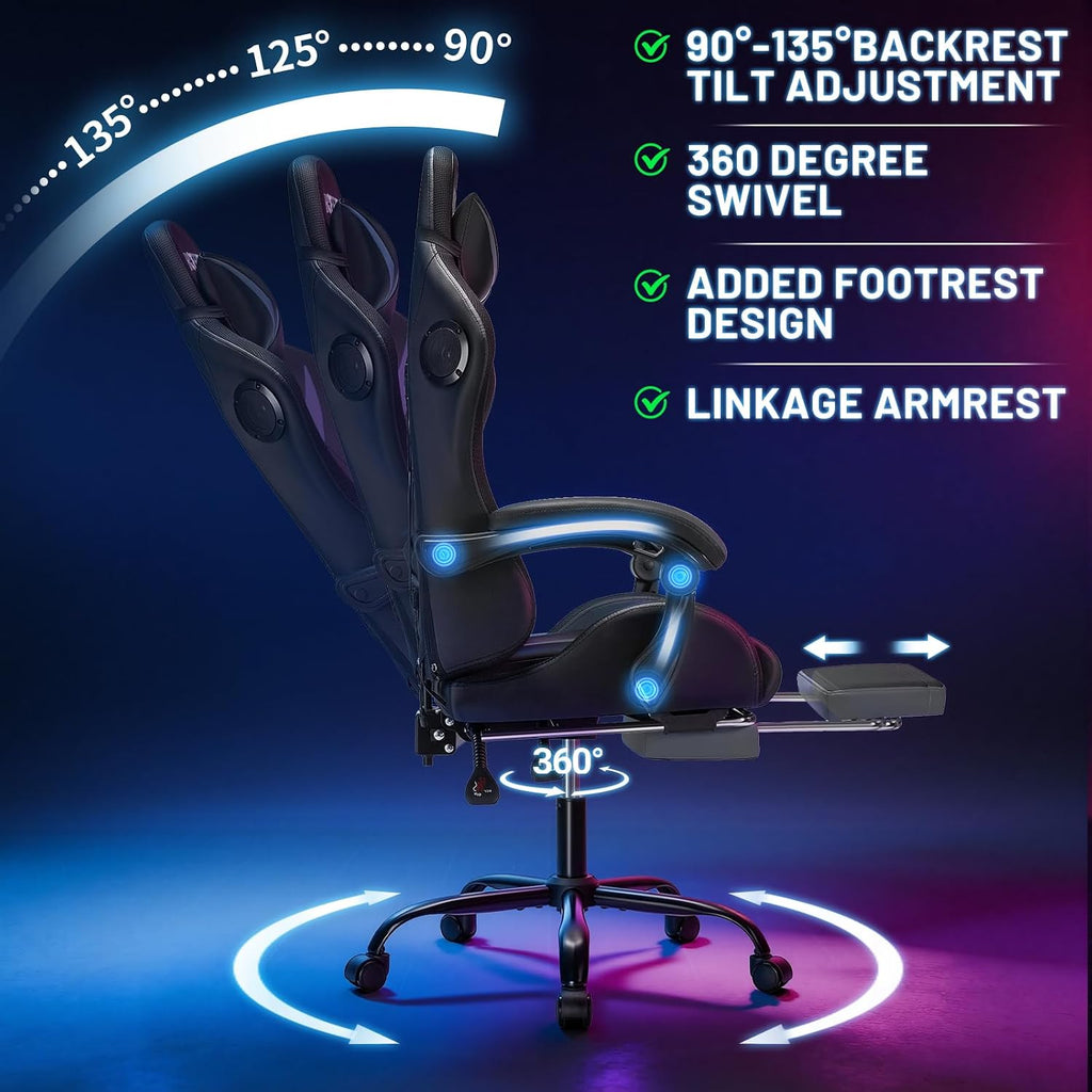 HOFFREE Gaming Chair Massage with Bluetooth Speakers and Led Lights Ergonomic Computer Gaming Chairs with Footrest RGB Video Game Chair with High Back Lumbar Support Grey and Black