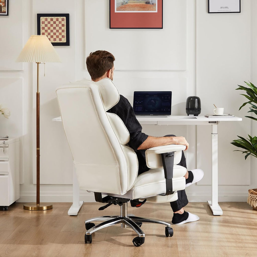 Big and Tall Ergonomic Office Chair with Footrest, Executive High Back PU Leather Desk Chair, Reclining Computer Chair with Adjustable Lumbar Support and Armrests, Swivel Rolling Gaming Chair, Beige