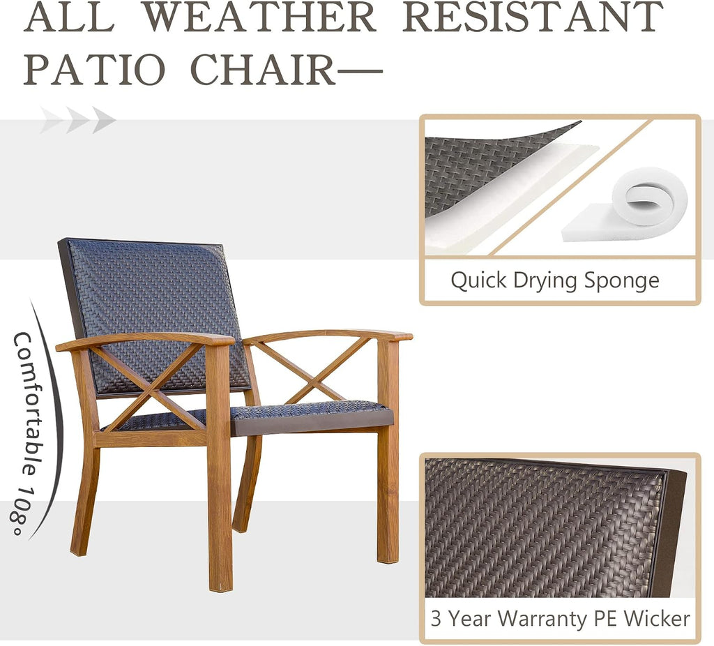 Domi Patio Bistro Set 3 Pieces with Wood Grain Aluminum Wicker Padded Porch Chairs,Coffee Table,Outdoor Conversation Set with Beige Waterproof Pillows