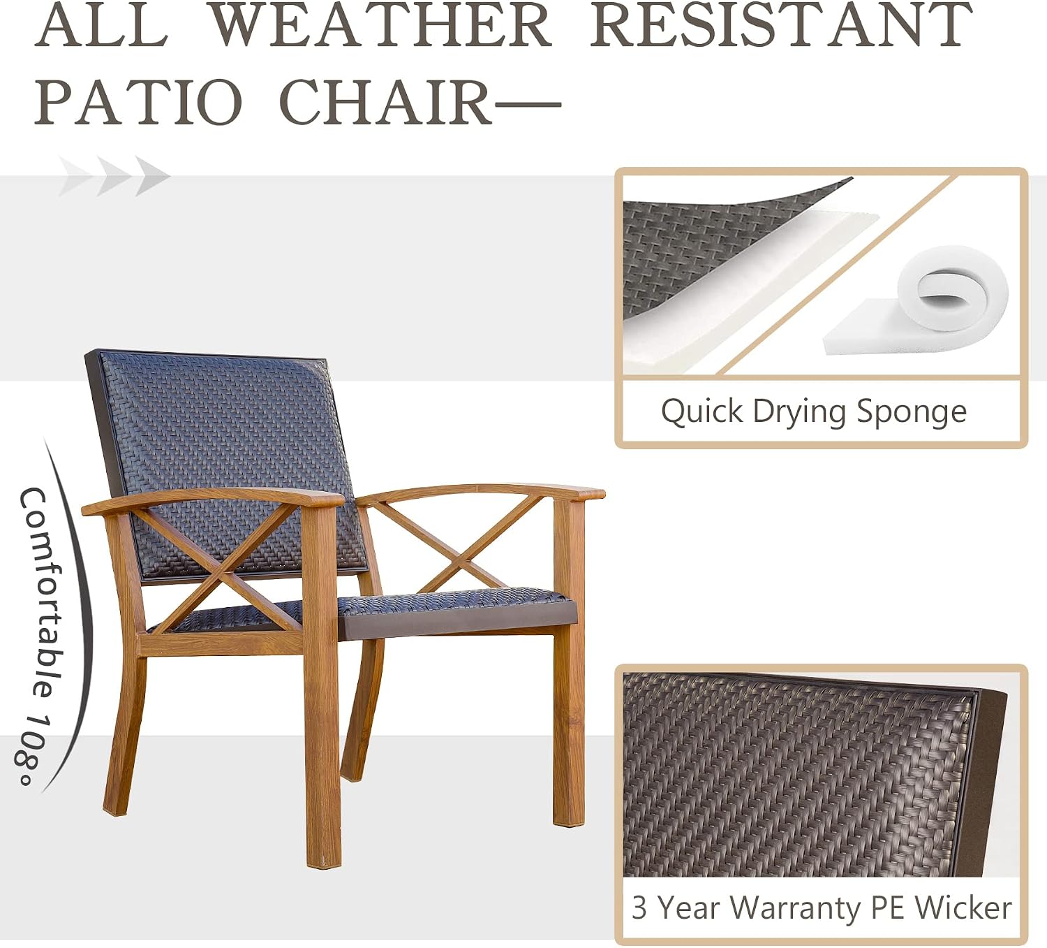 Domi Patio Bistro Set 3 Pieces with Wood Grain Aluminum Wicker Padded Porch Chairs,Coffee Table,Outdoor Conversation Set with Beige Waterproof Pillows