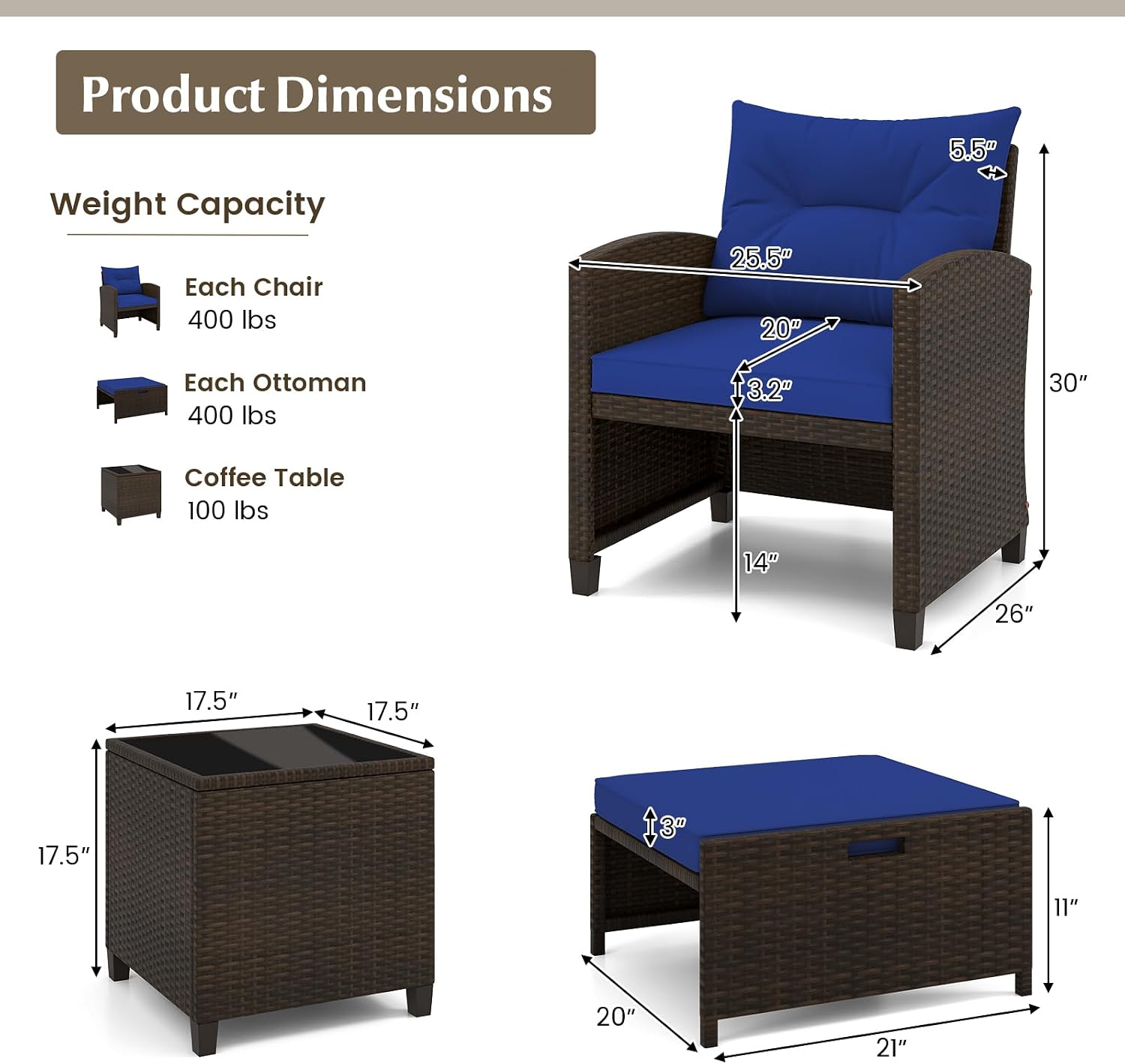 KOTEK 5 Pieces Patio Furniture Set with Ottomans, Wicker Patio Conversation Set with Coffee Table & Cushions, PE Rattan Outdoor Lounge Chairs for Backyard, Porch, Poolside (Mix Brown- Navy)