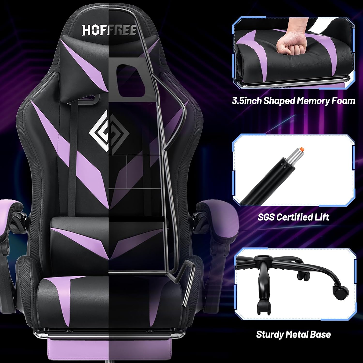 HOFFREE Gaming Chair with LED RGB Lights Massage Ergonomic Video Game Chairs with Footrest High Back Reclining Computer Chair with Adjustable Lumbar Support Purple and Black