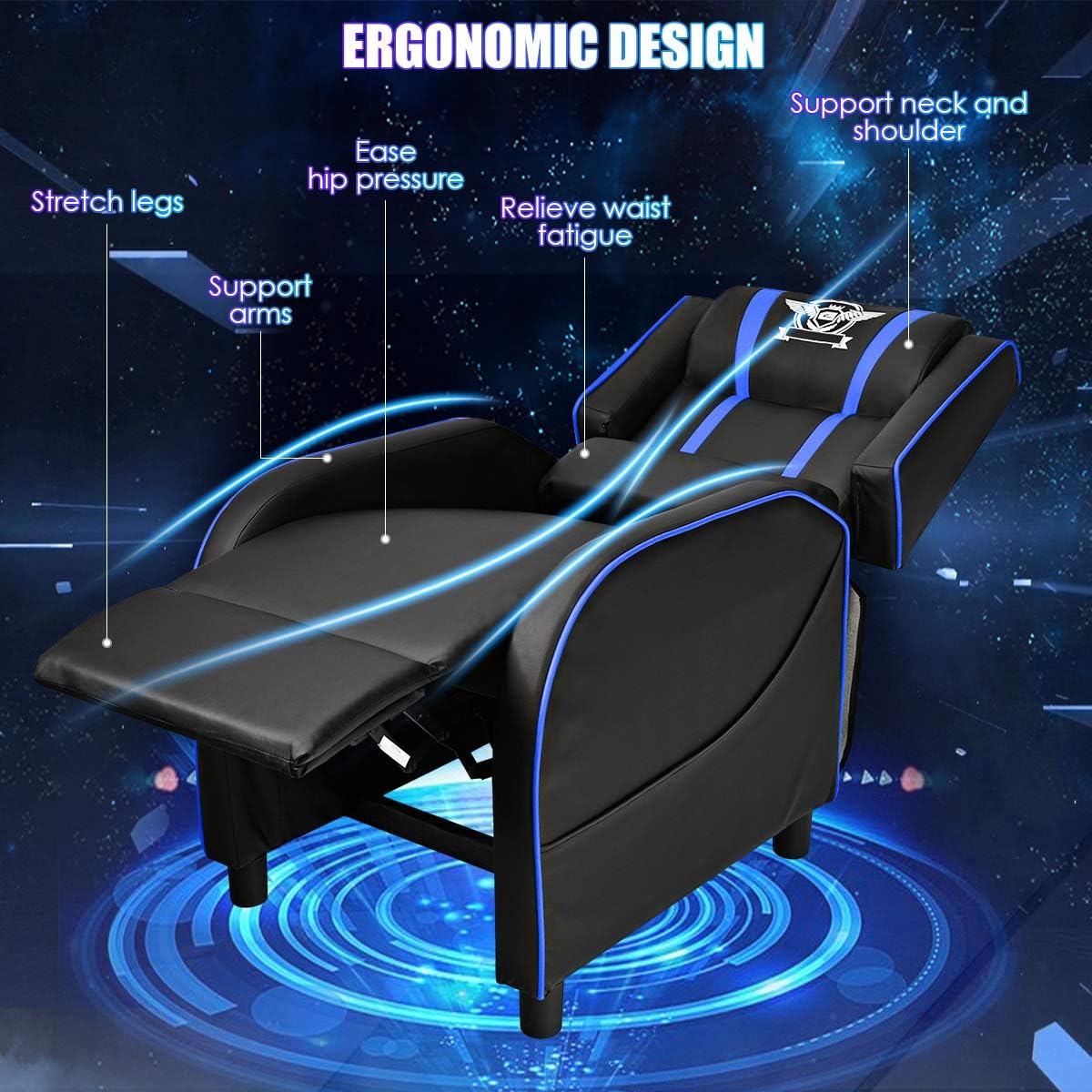 Giantex Gaming Recliner Chair, Adjustable Massage Gaming Chairs for Adults, Ergonomic Comfortable Lounge Leather Sofa w/Footrest, Remote Control & Side Pocket, Racing Style Single Sofa Recliners, Blue