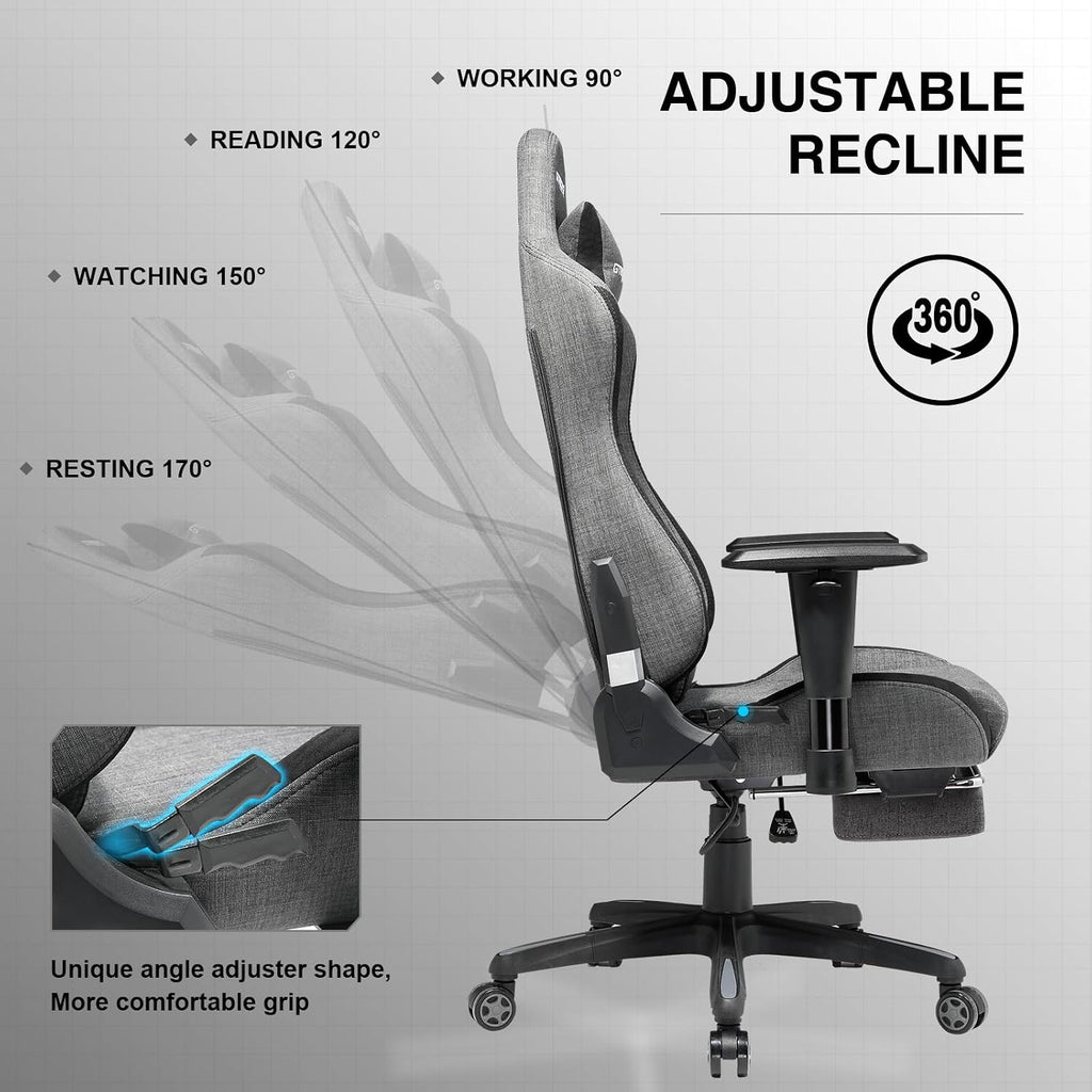 GTPLAYER Gaming Chair with Footrest, Fabric Breathable Big and Tall Ergonomic Computer Chair 350 lbs with Adjustable Lumbar Support and Recliner, High Back Game Chair for Office Gaming, Grey