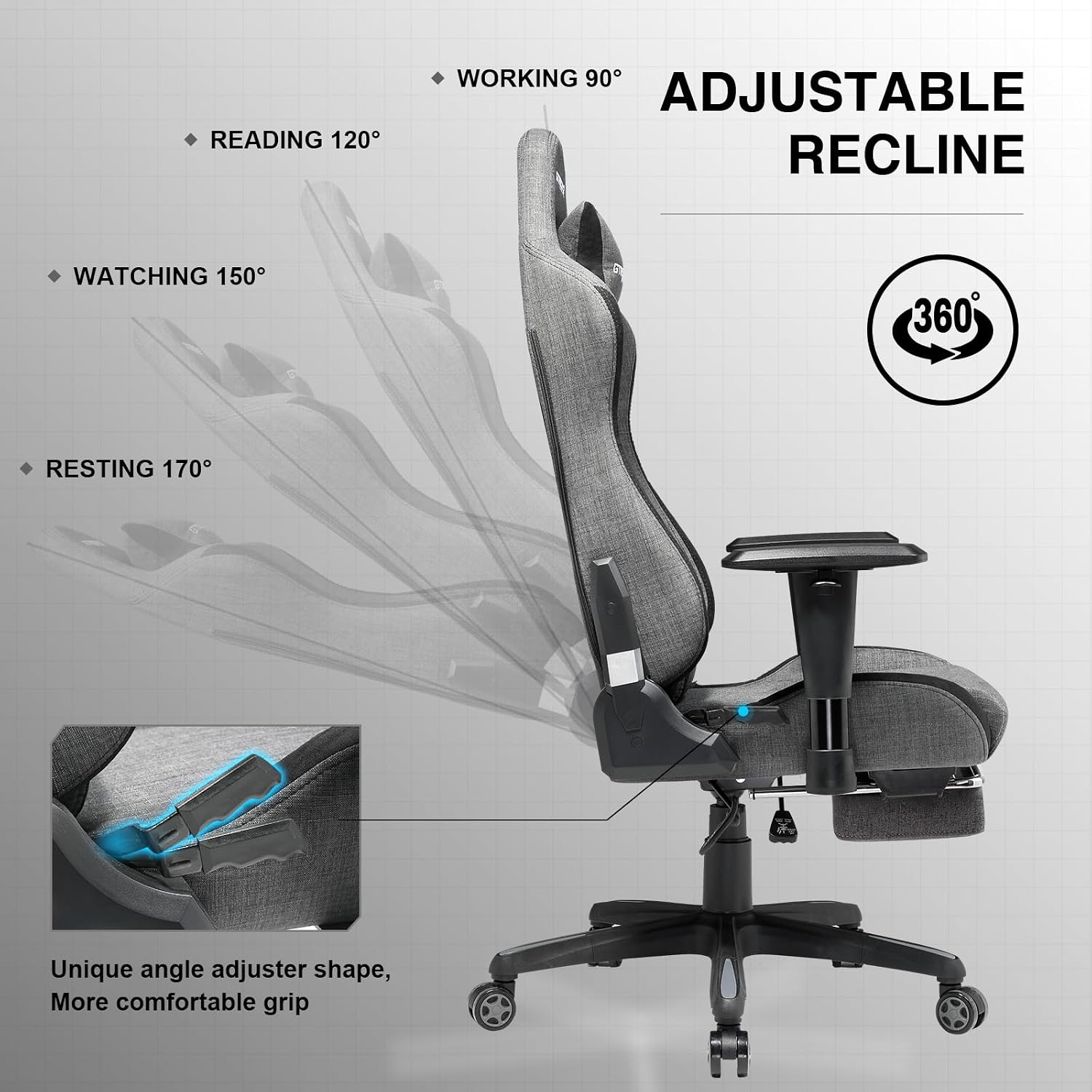 GTPLAYER Gaming Chair with Footrest, Fabric Breathable Big and Tall Ergonomic Computer Chair 350 lbs with Adjustable Lumbar Support and Recliner, High Back Game Chair for Office Gaming, Grey