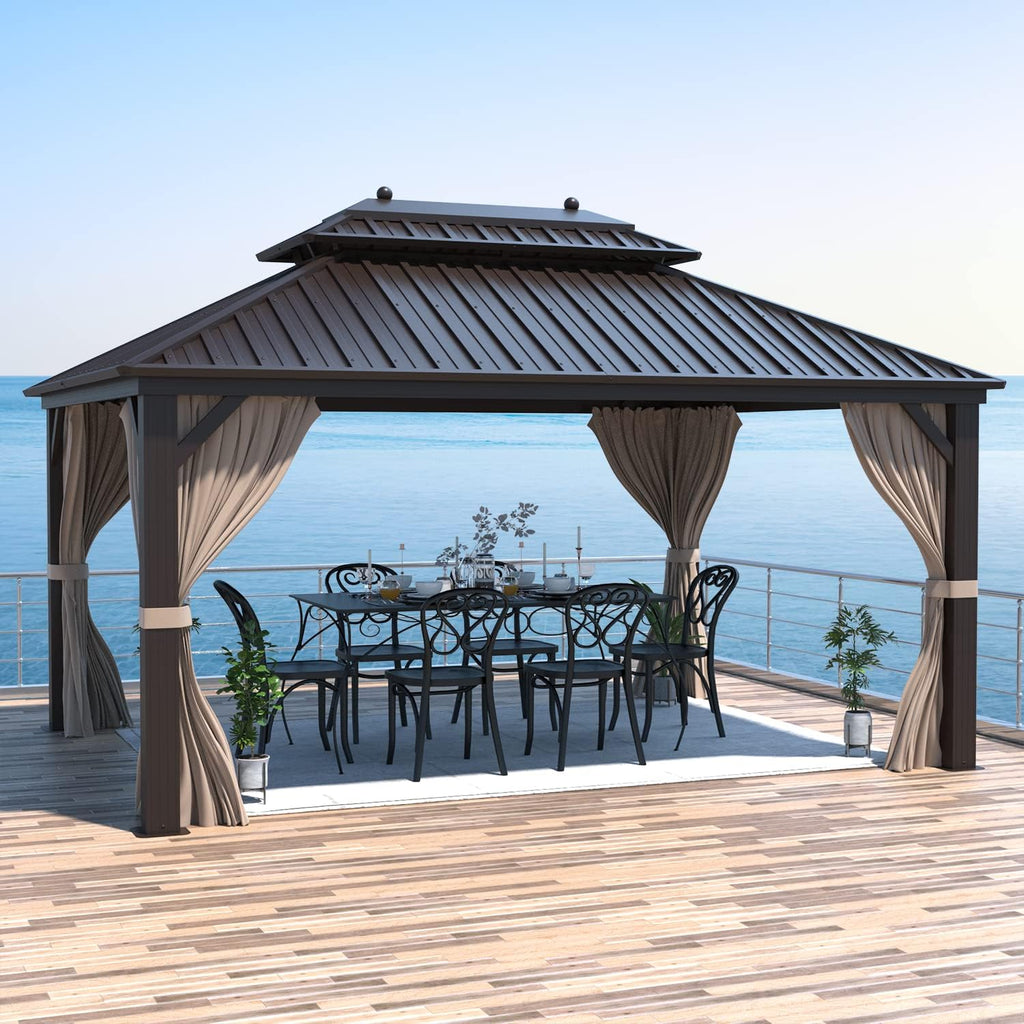 EROMMY 10'x13' Hardtop Gazebo, Galvanized Steel Outdoor Aluminum Canopy with Netting and Shaded Curtains, Double Roof Pergolas, Permanent Metal Pavilion for Patio, Backyard, Deck and Lawns, Brown
